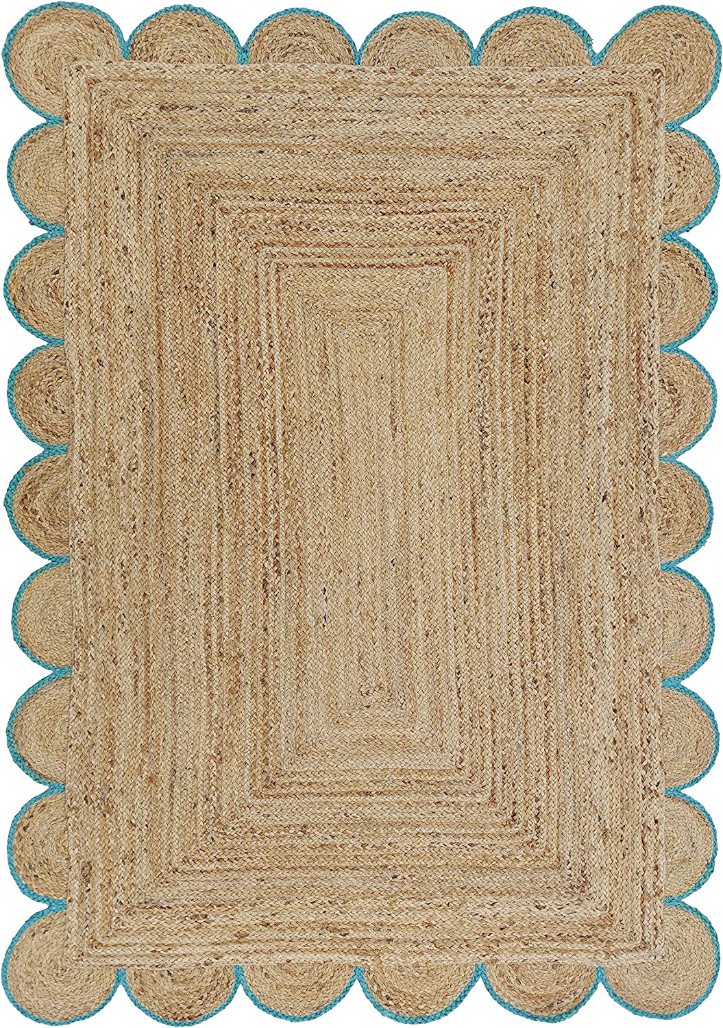 Handwoven Natural Jute Rug with Teal Scalloped Border | Eco-Friendly Boho Area Rug | Farmhouse Living Room Carpet