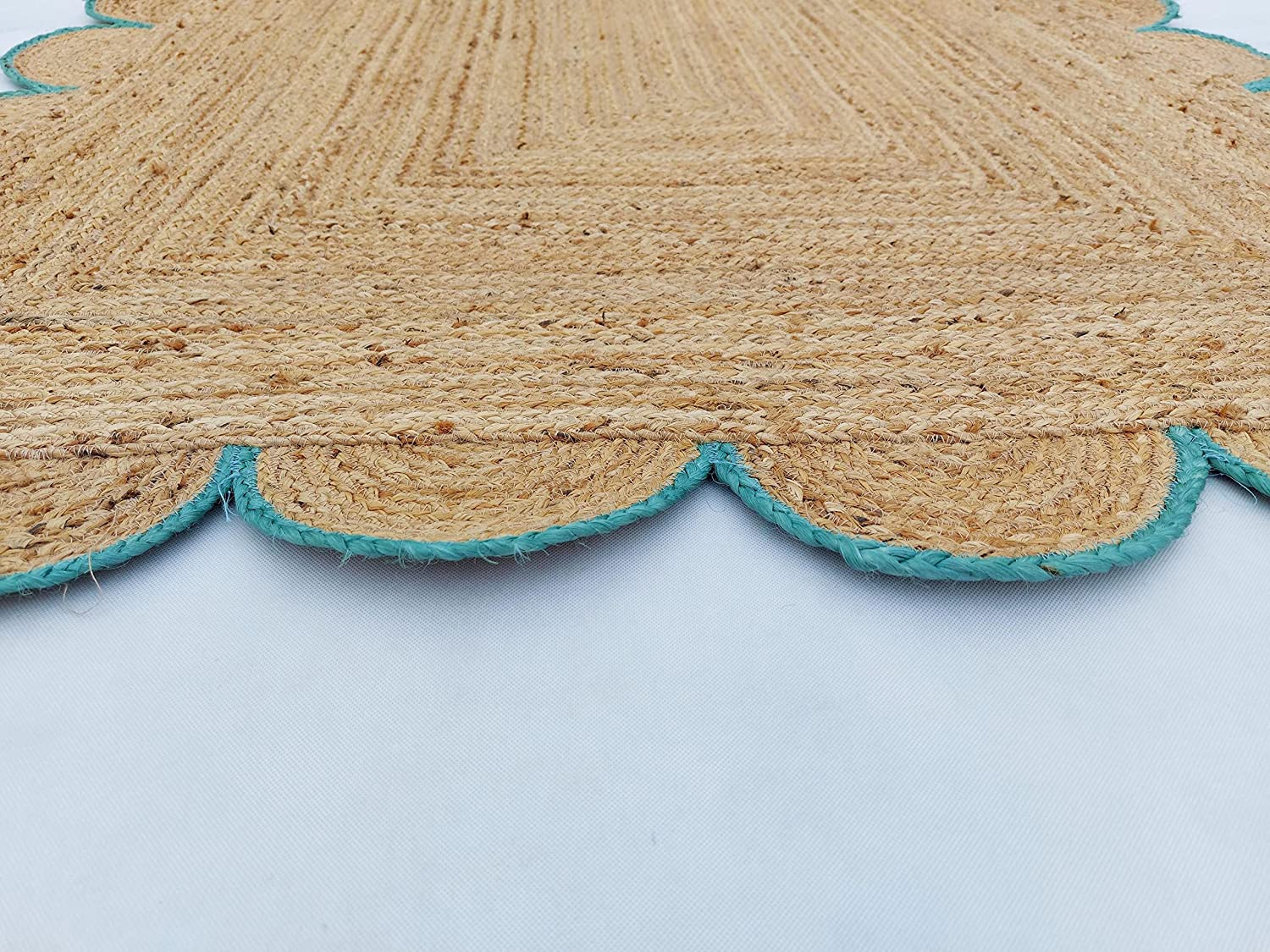 Handwoven Natural Jute Rug with Teal Scalloped Border | Eco-Friendly Boho Area Rug | Farmhouse Living Room Carpet