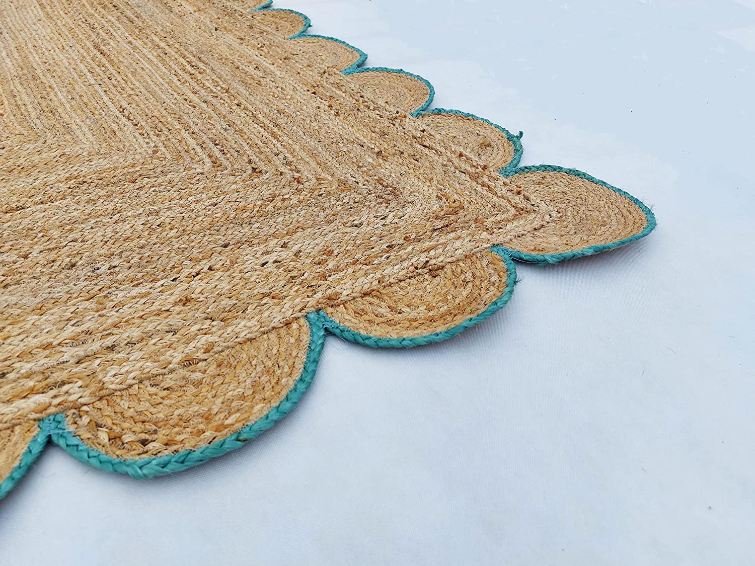 Handwoven Natural Jute Rug with Teal Scalloped Border | Eco-Friendly Boho Area Rug | Farmhouse Living Room Carpet