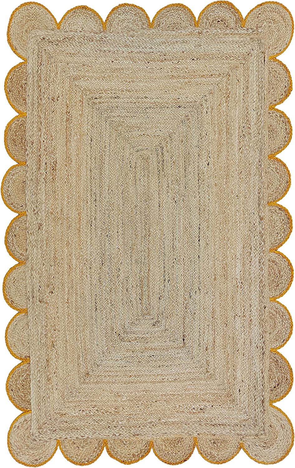 Handmade Natural Jute Scalloped Border Area Rug with Mustard Trim
