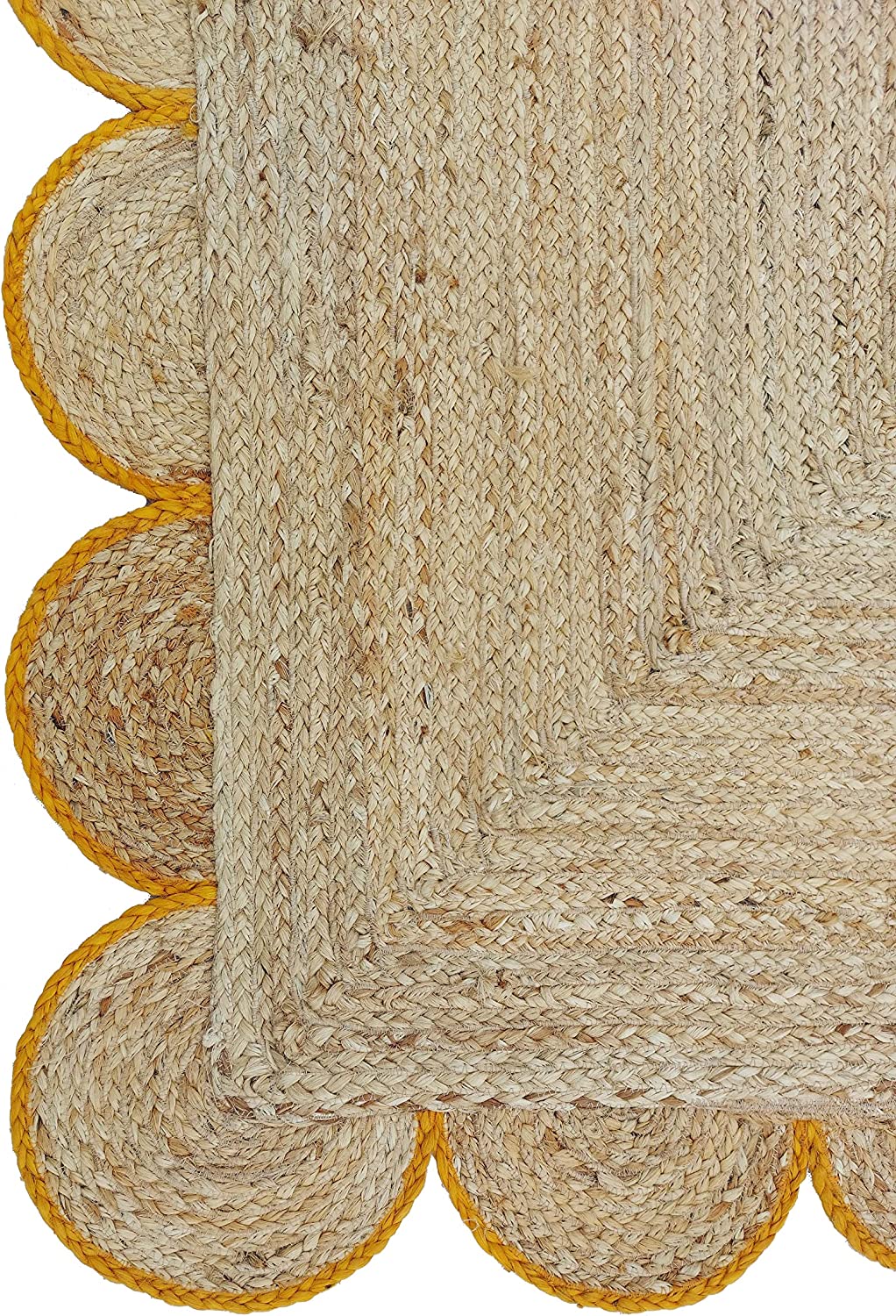Handmade Natural Jute Scalloped Border Area Rug with Mustard Trim