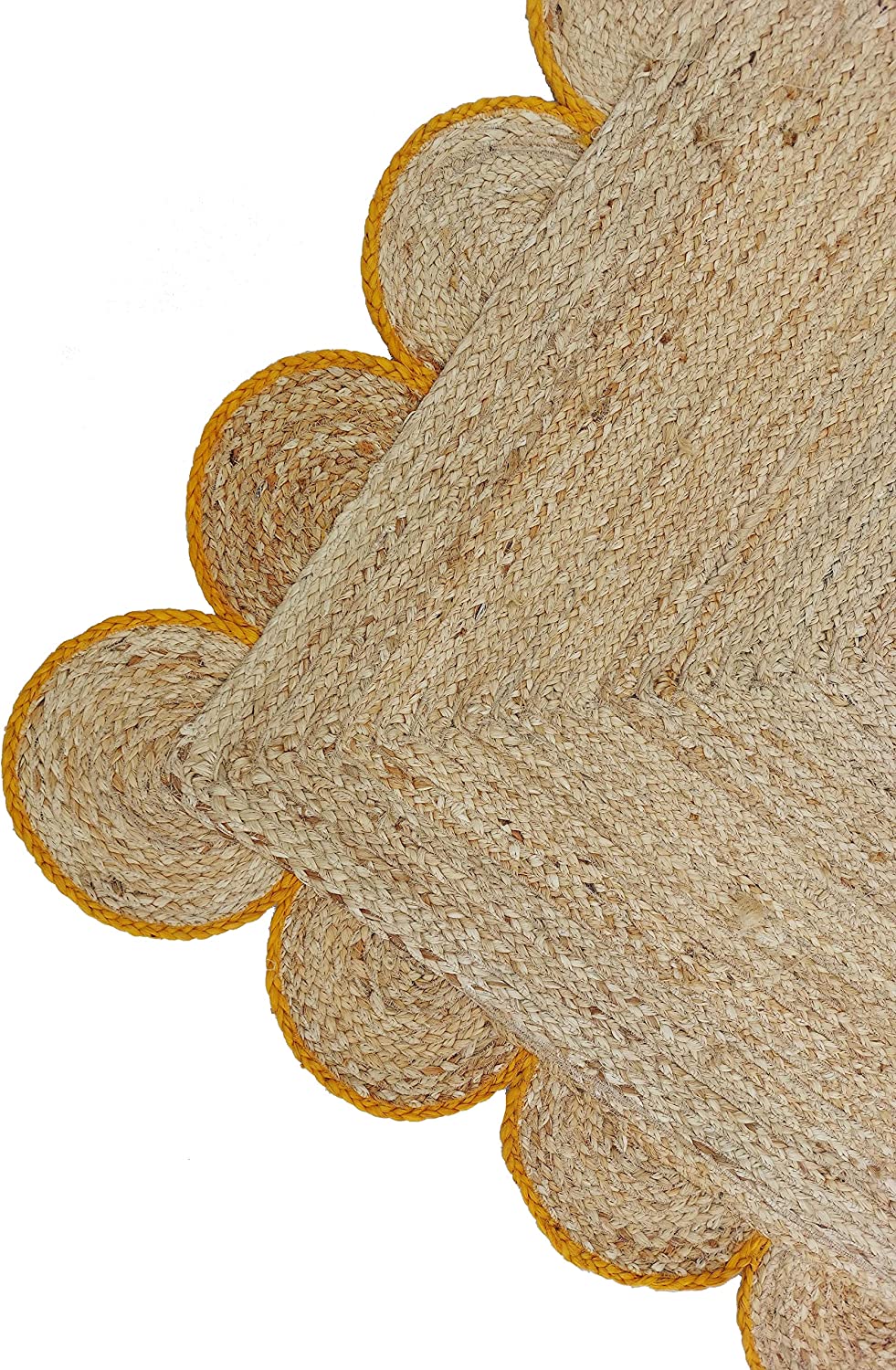 Handmade Natural Jute Scalloped Border Area Rug with Mustard Trim
