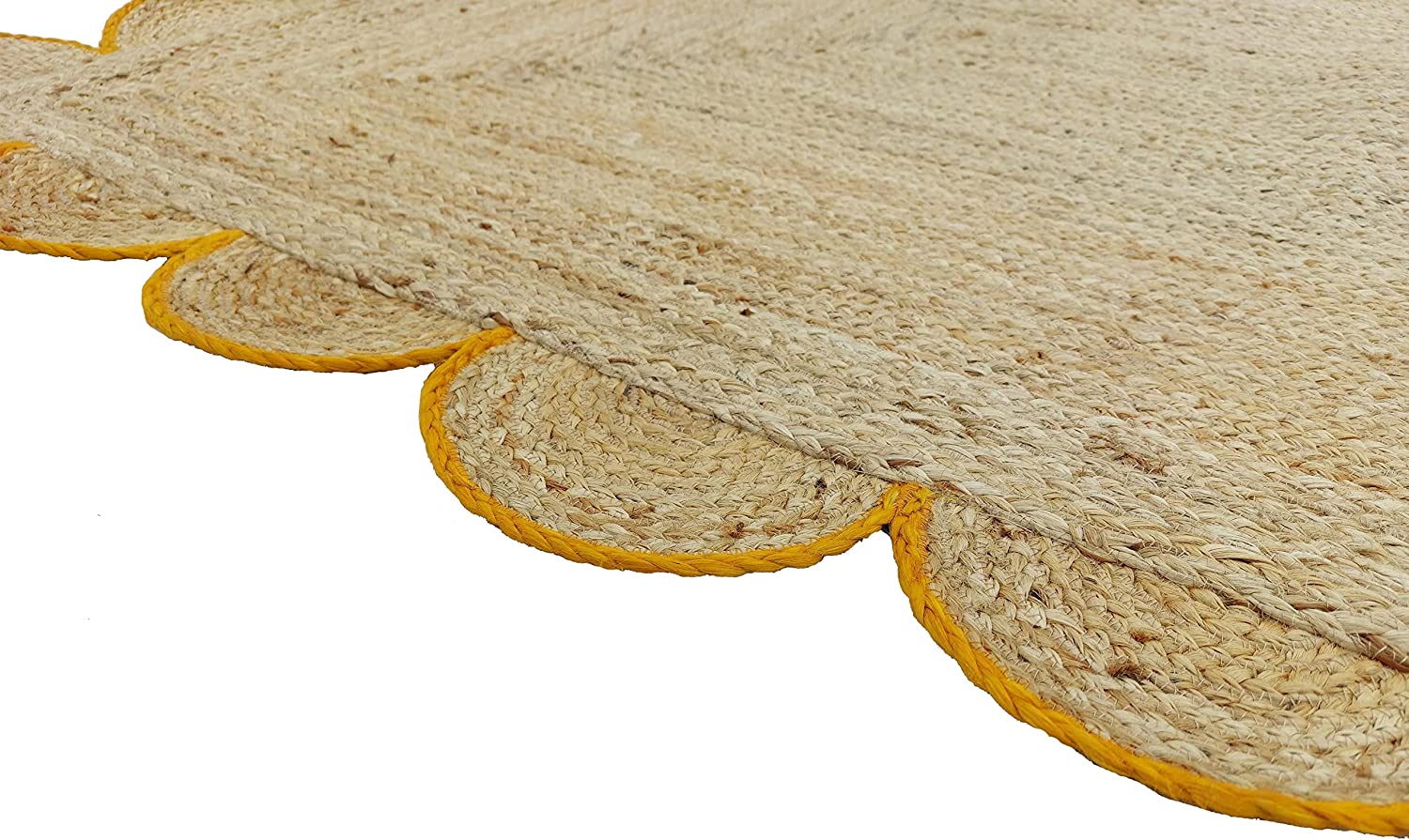 Handmade Natural Jute Scalloped Border Area Rug with Mustard Trim