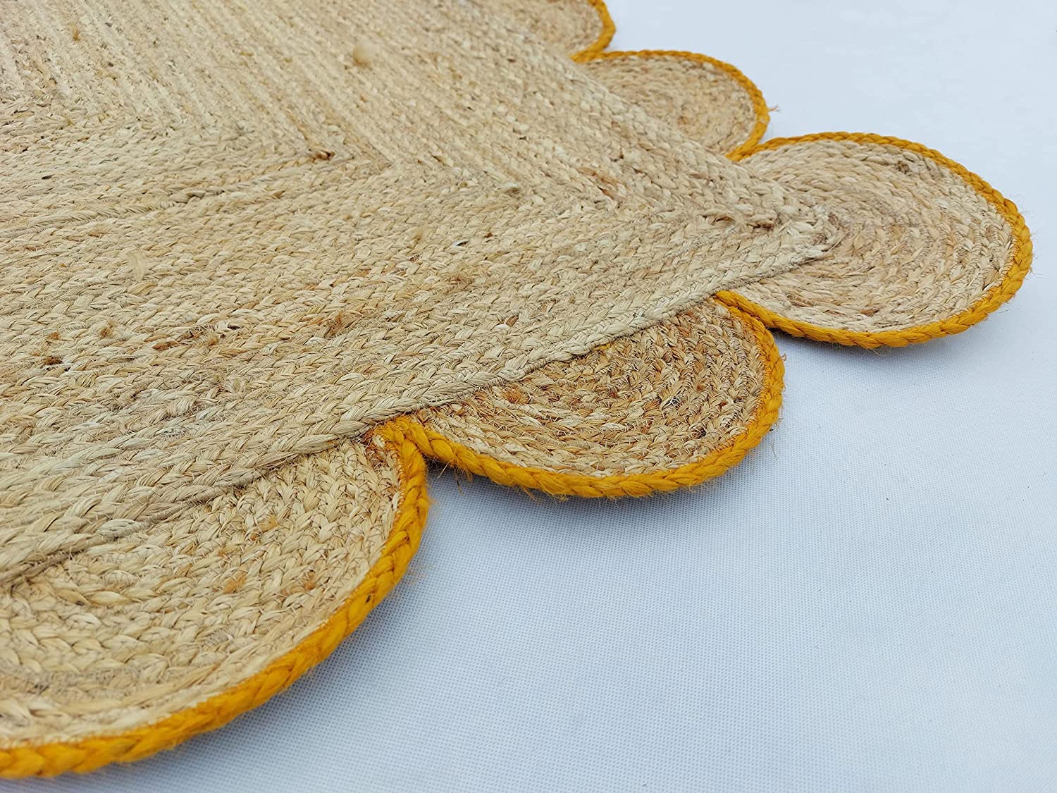 Handmade Natural Jute Scalloped Border Area Rug with Mustard Trim