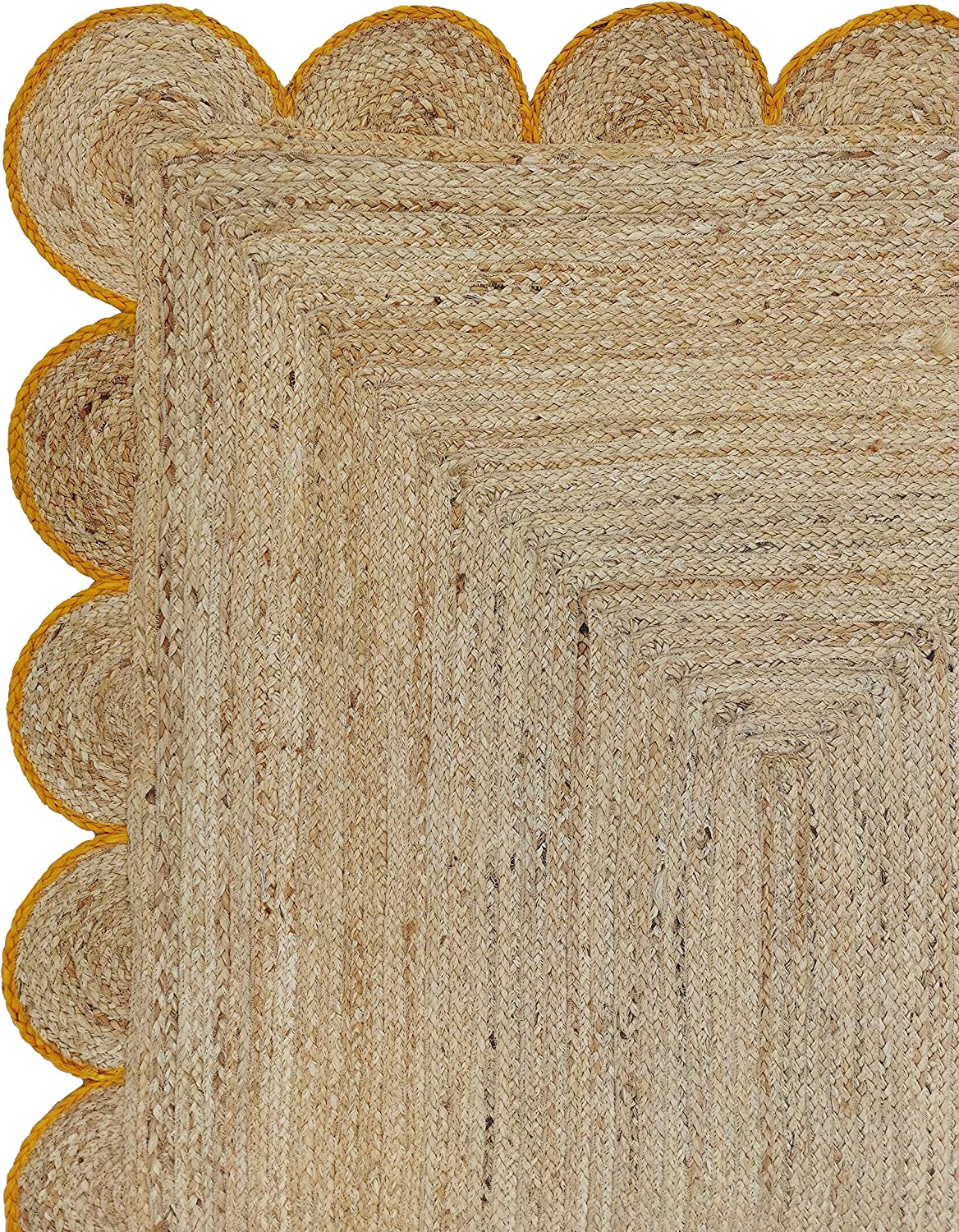 Handmade Natural Jute Scalloped Border Area Rug with Mustard Trim