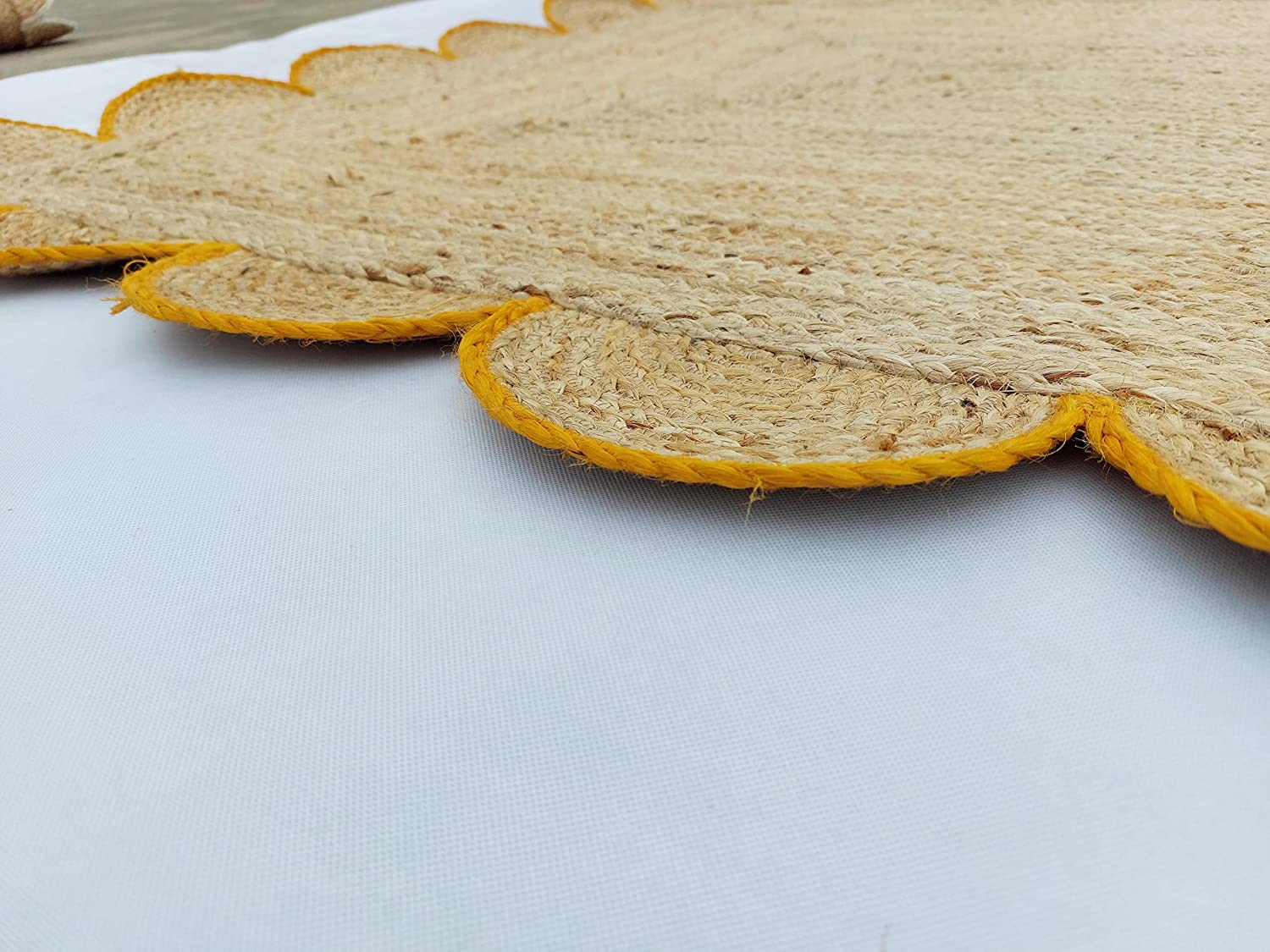 Handmade Natural Jute Scalloped Border Area Rug with Mustard Trim
