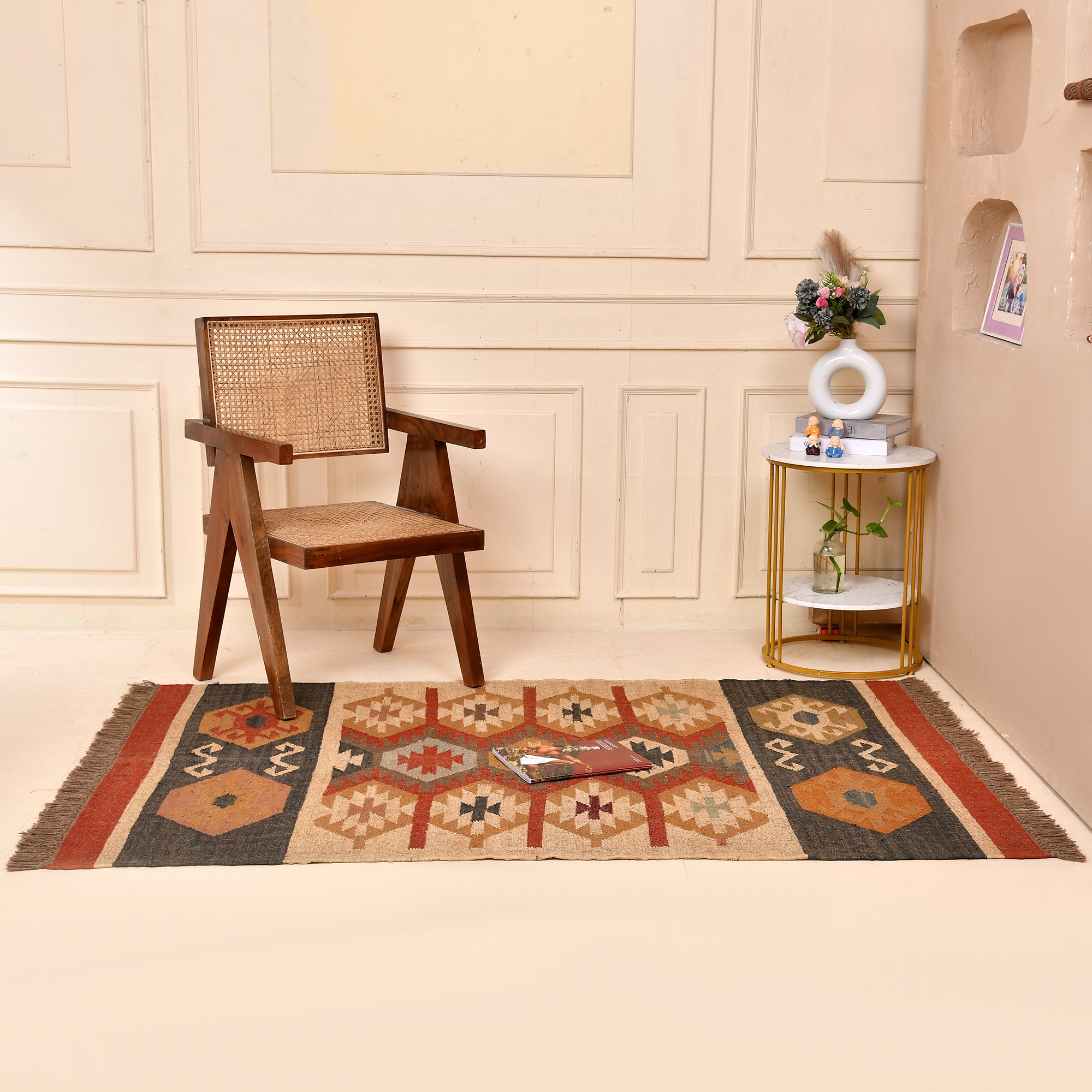 Handmade wool and jute flatweave tribal geometric area rug with beige, charcoal, terracotta, and mustard pattern for living room, bedroom, hallway, and entryway.
