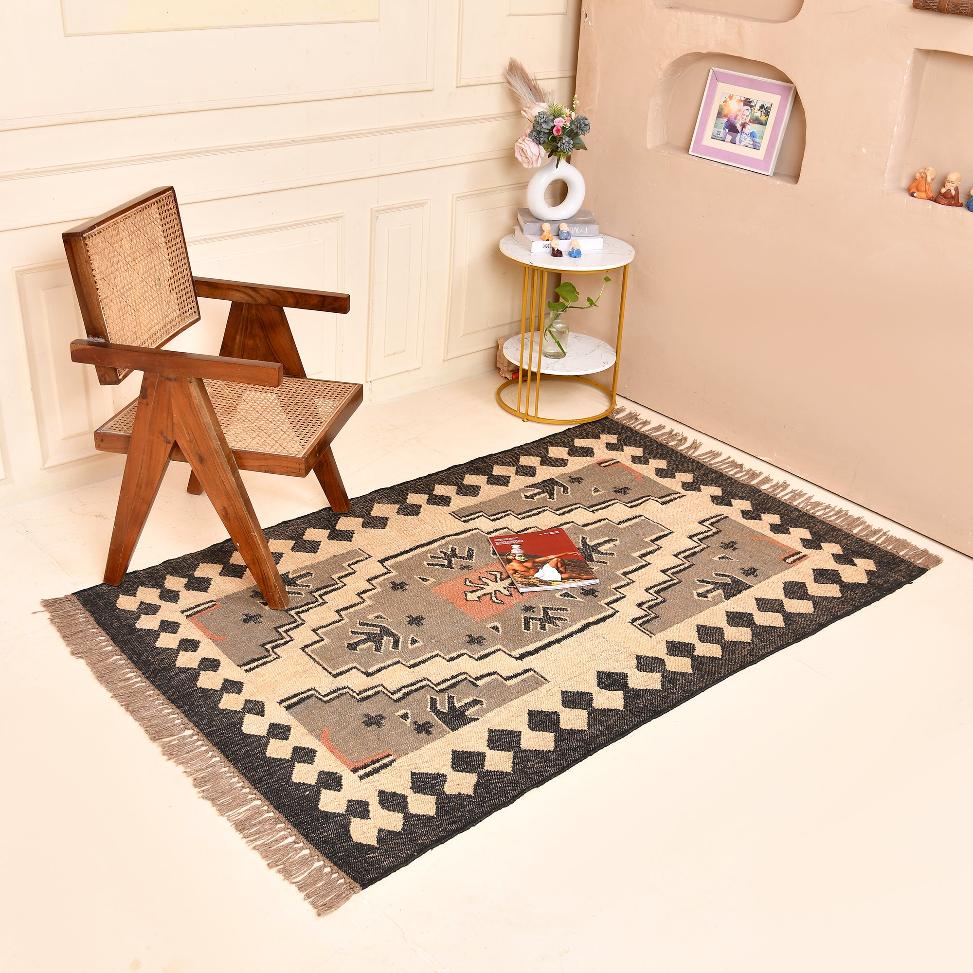 Handwoven charcoal beige tribal geometric wool kilim area rug with fringe for living room and bedroom decor
