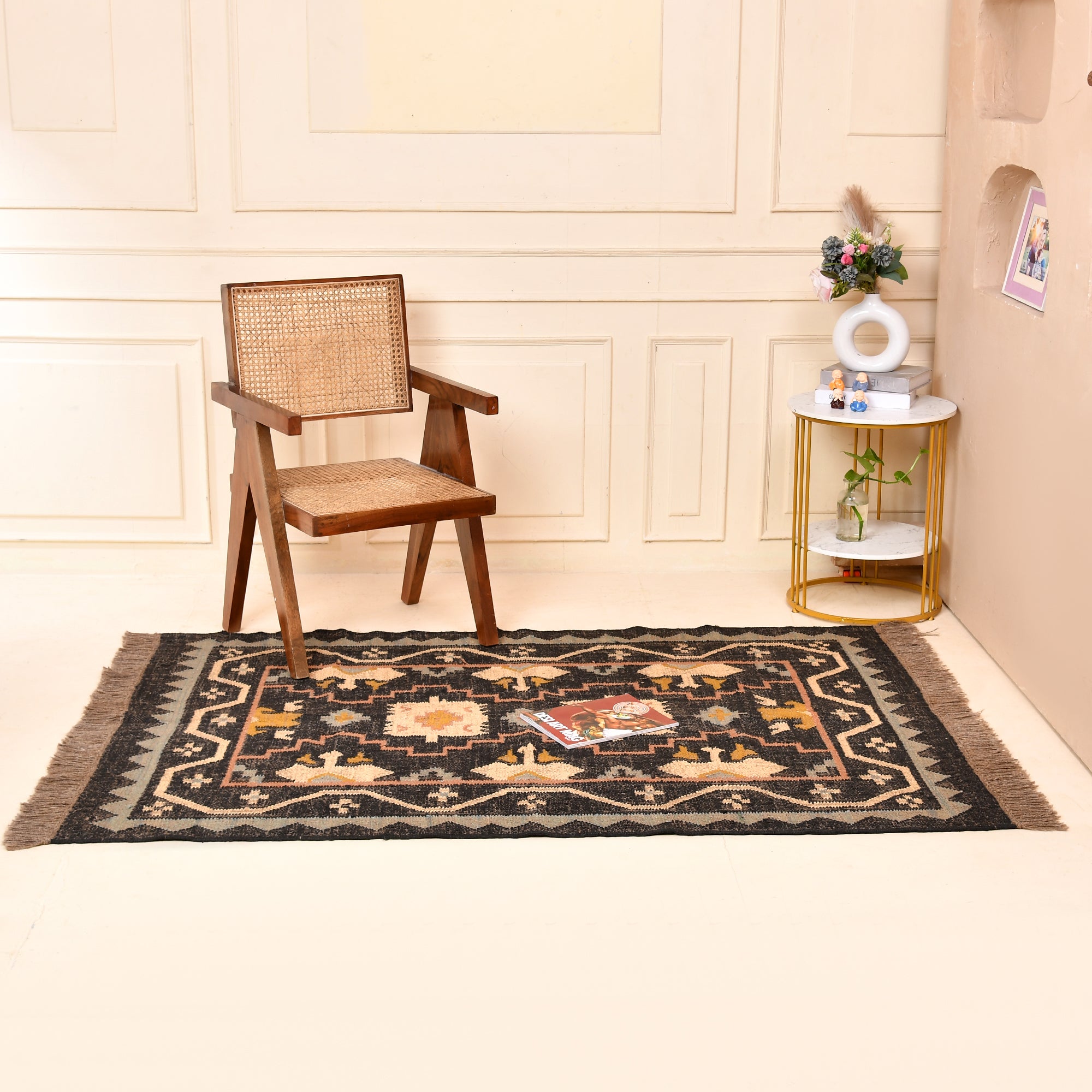 Handwoven black tribal geometric wool Kilim area rug with fringe for living room and bedroom decor