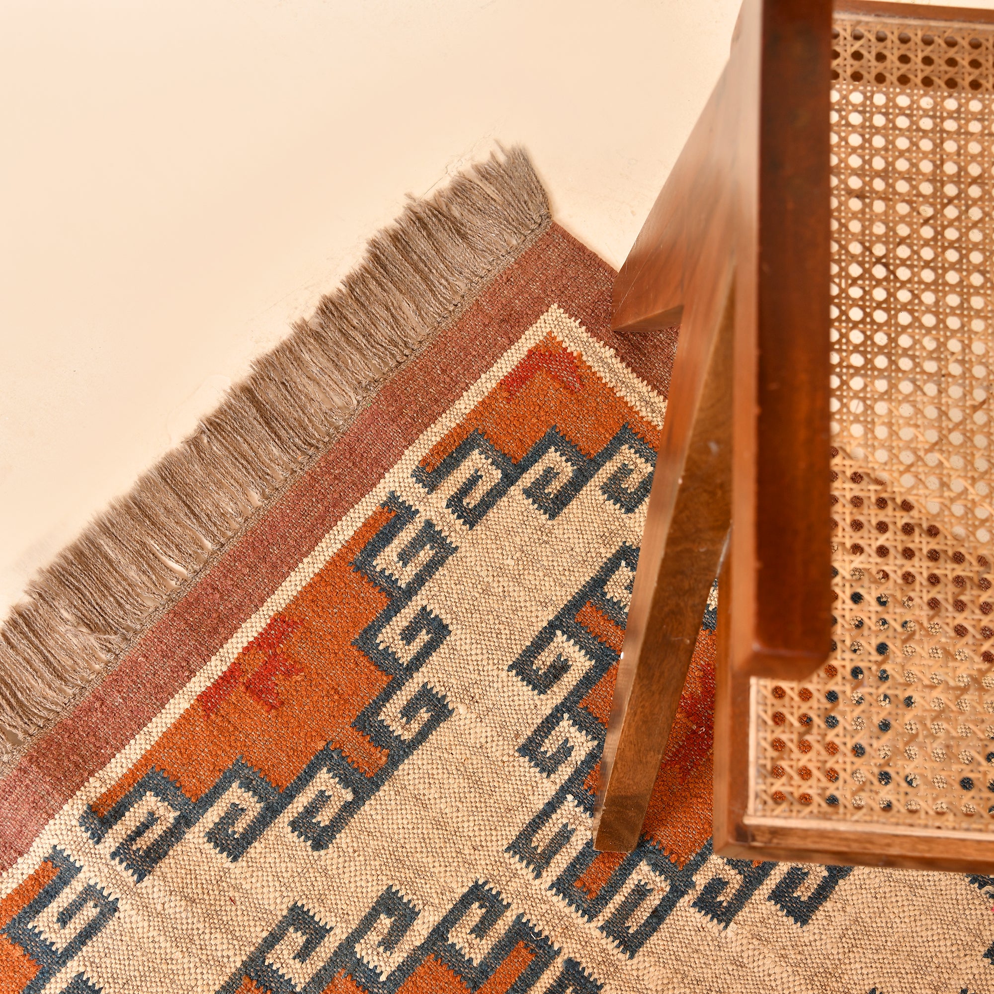 Handwoven Peach Tribal Kilim Area Rug Handmade Wool Jute Flatweave Rug