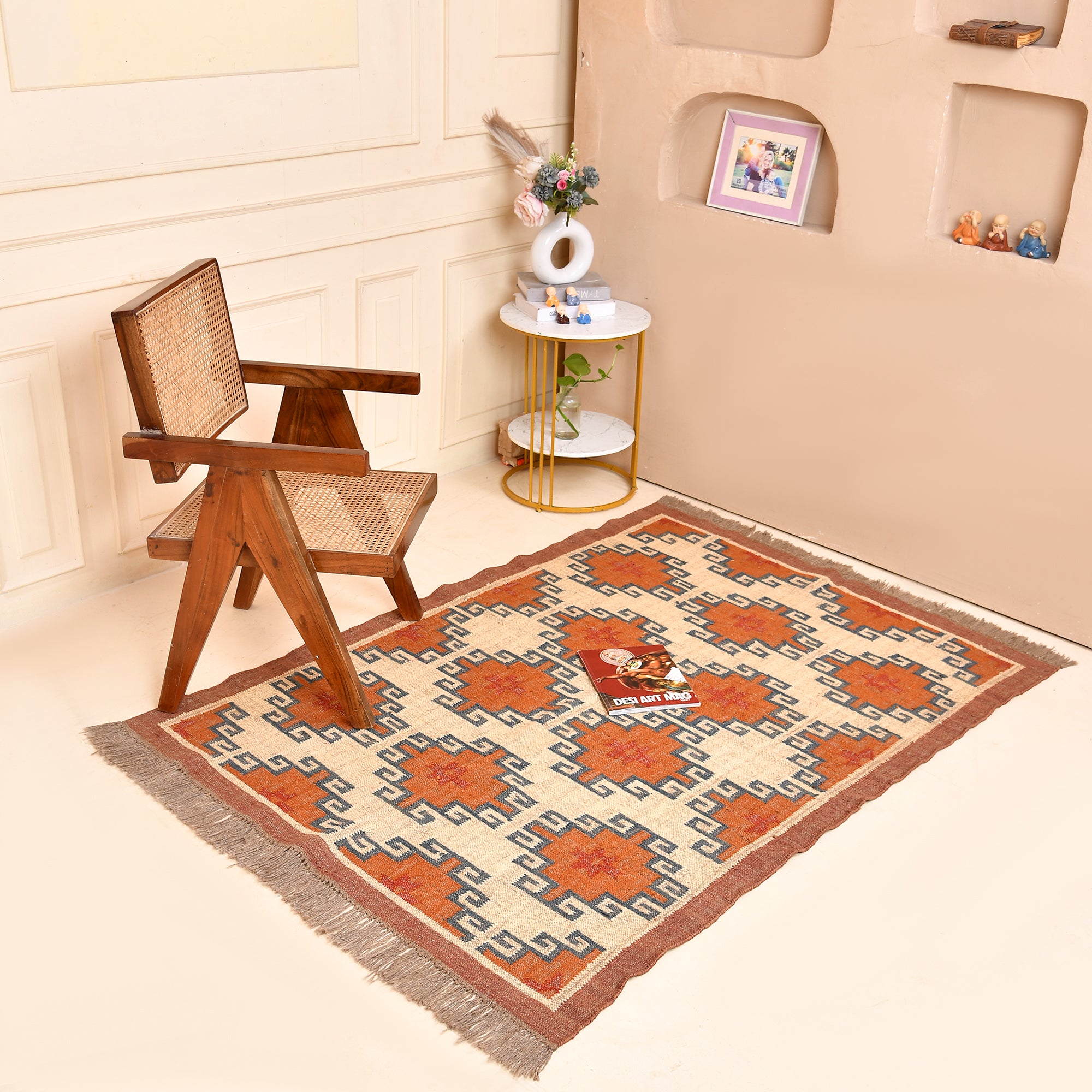 Handwoven Peach Tribal Kilim Area Rug Handmade Wool Jute Flatweave Rug