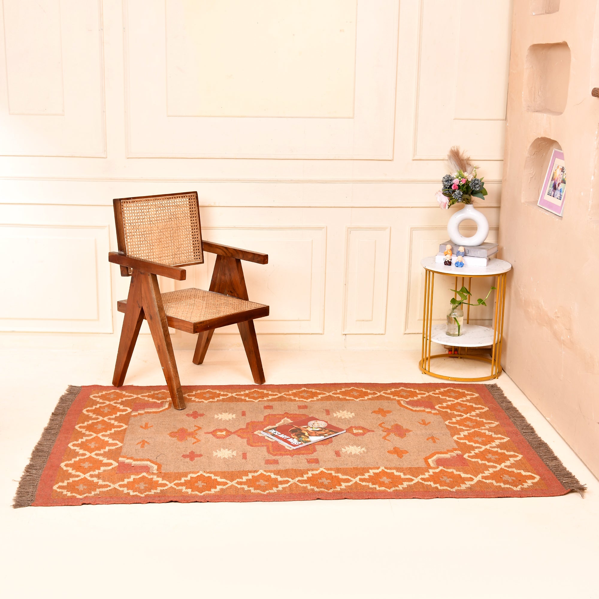Handwoven Peach Kilim Area Rug Handmade wool Jute Boho Rug