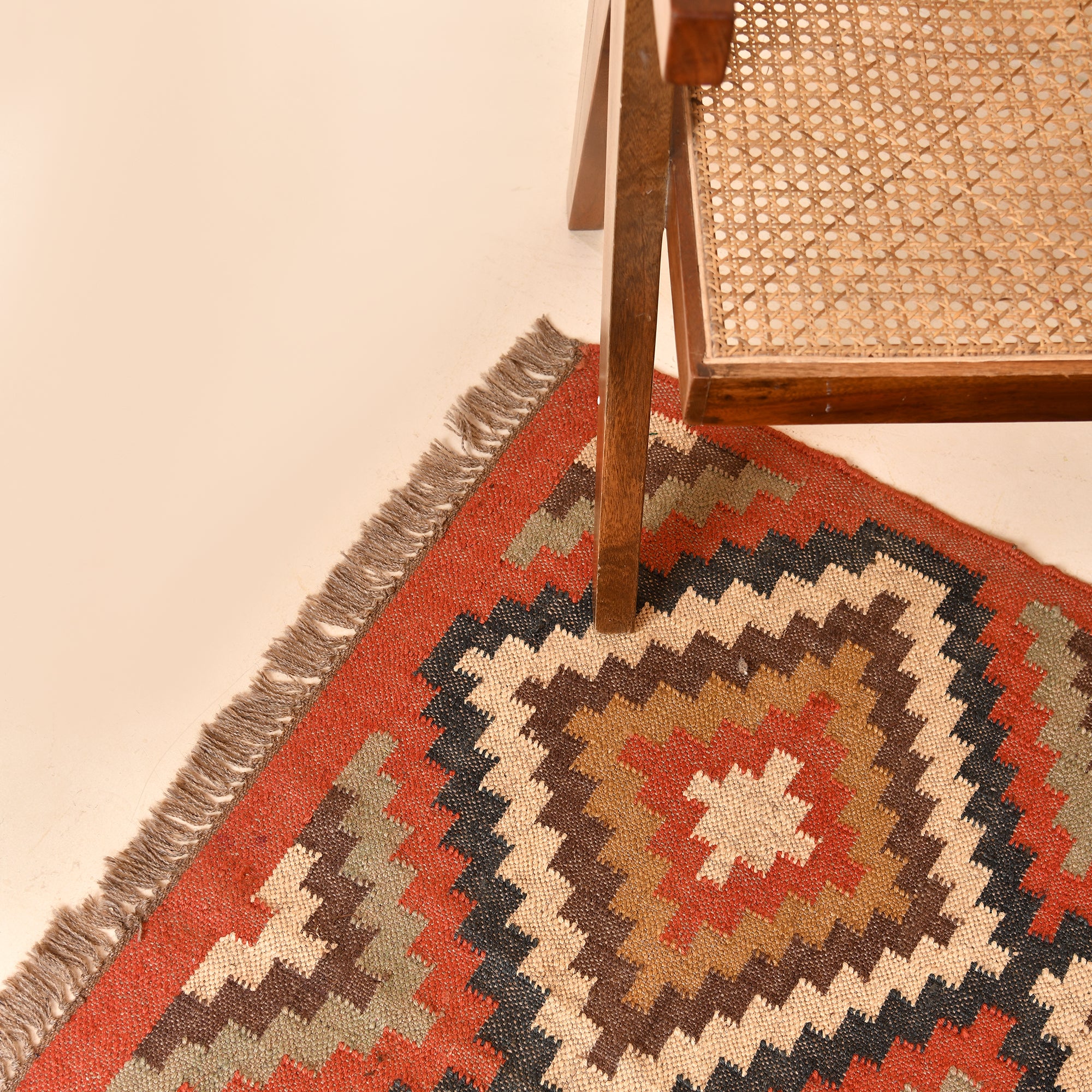 Handwoven Terracotta Kilim Area Rug Handmade Wool Jute Geometric Rug