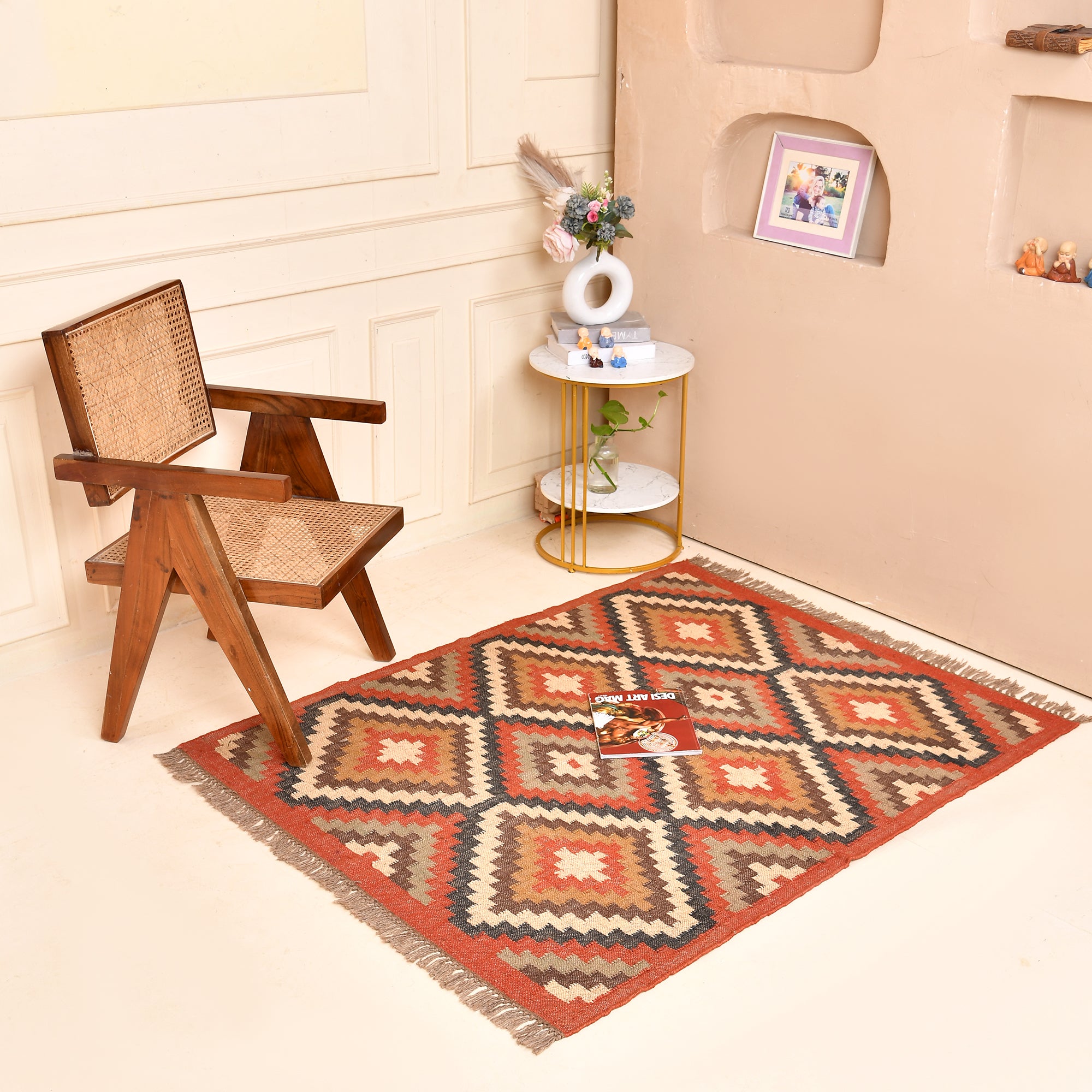 Handwoven Terracotta Kilim Area Rug Handmade Wool Jute Geometric Rug