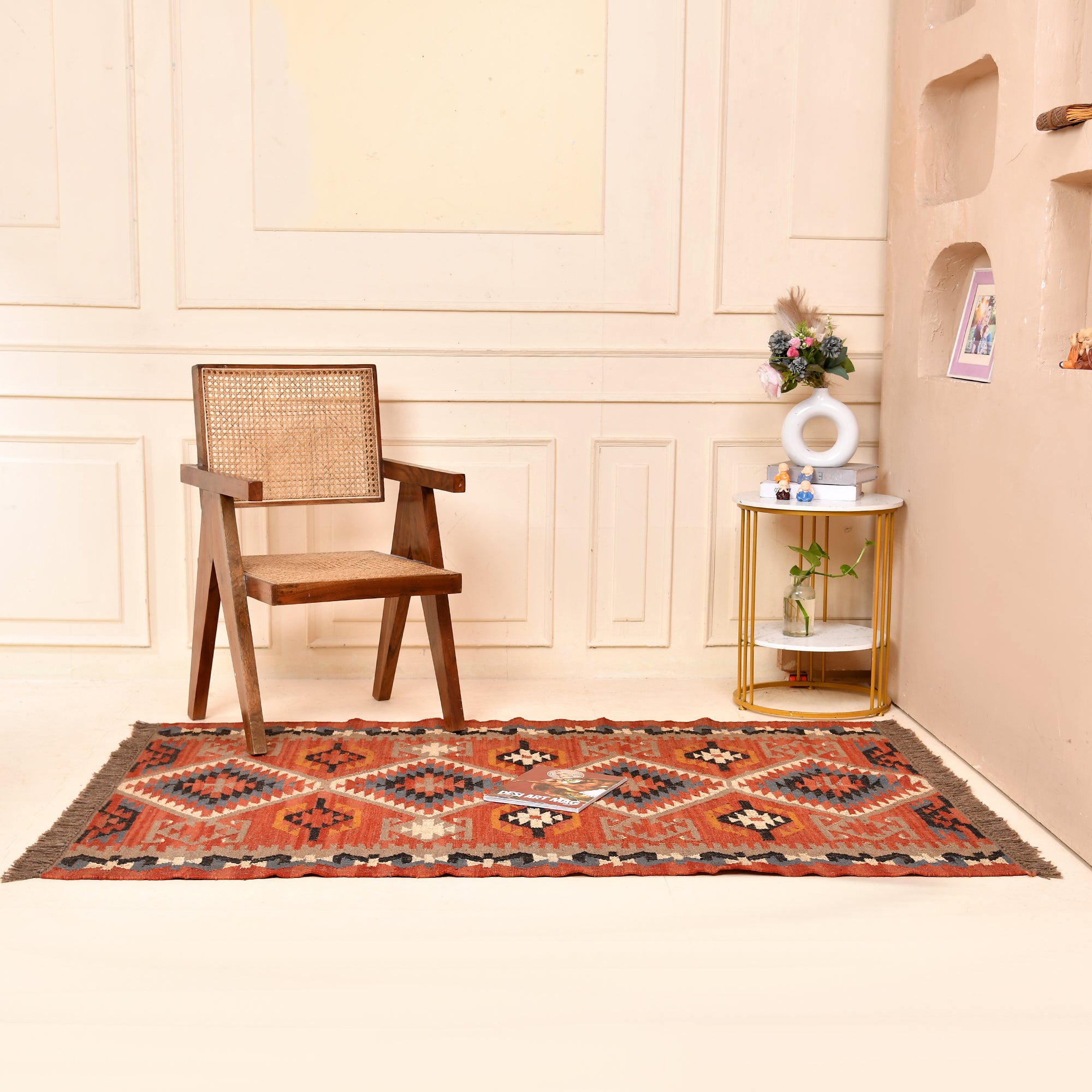 Handwoven Southwestern Wool Kilim Area Rug - Handmade Tribal Geometric Flatweave Ruge