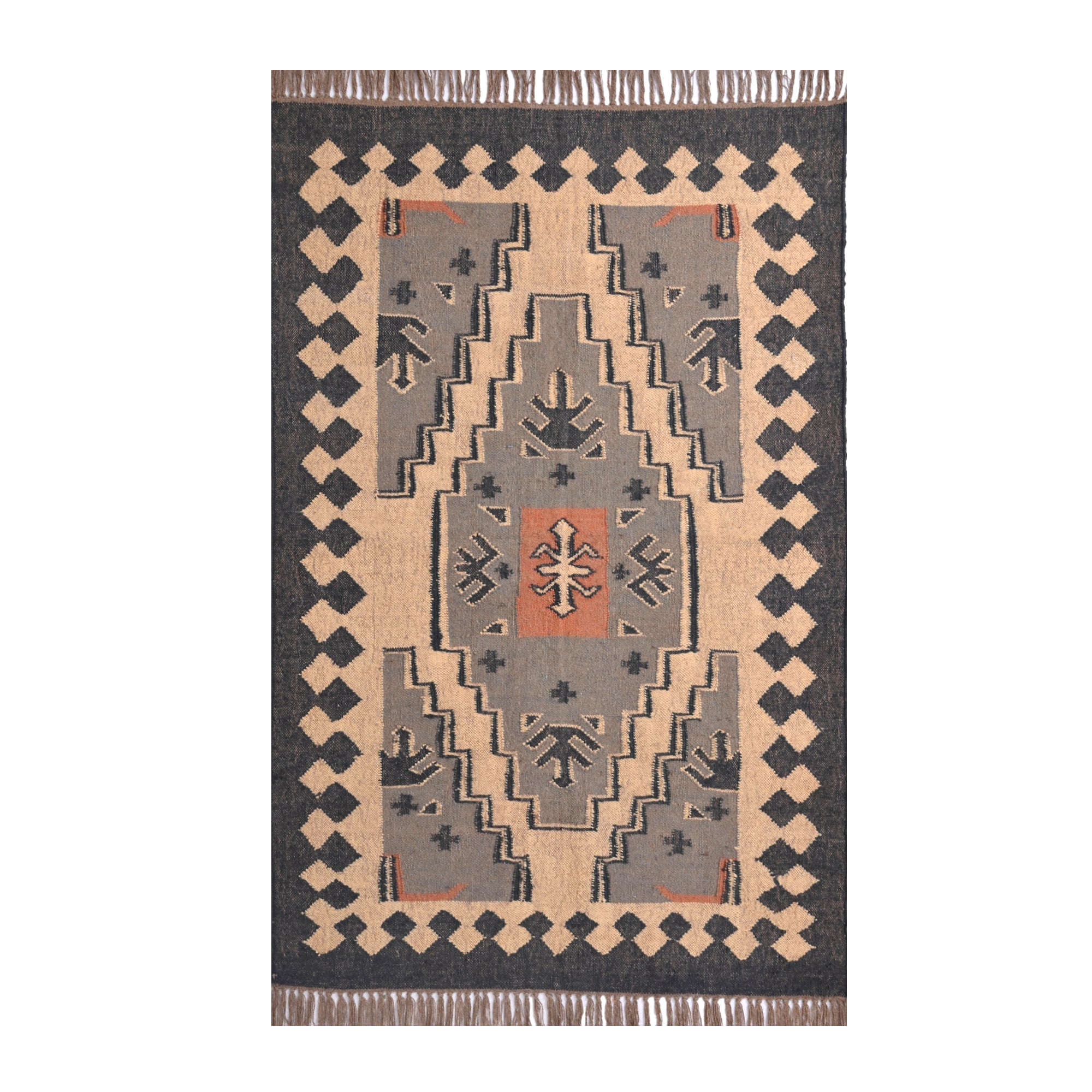 Handwoven charcoal beige tribal geometric wool kilim area rug with fringe for living room and bedroom decor