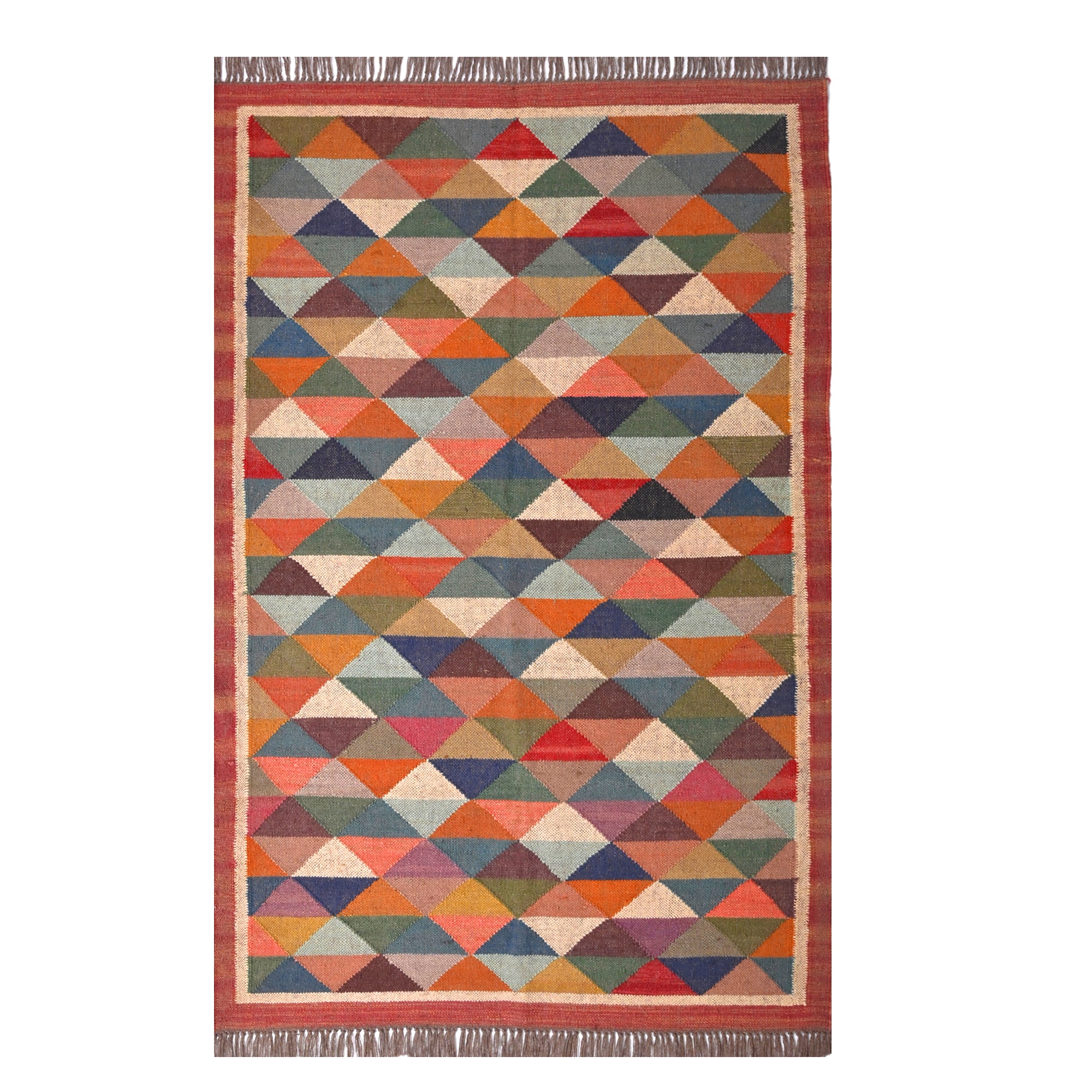 Handwoven terracotta diamond Kilim area rug with geometric tribal design, handmade from wool and cotton, styled in a modern living room with a wooden accent chair and side table.