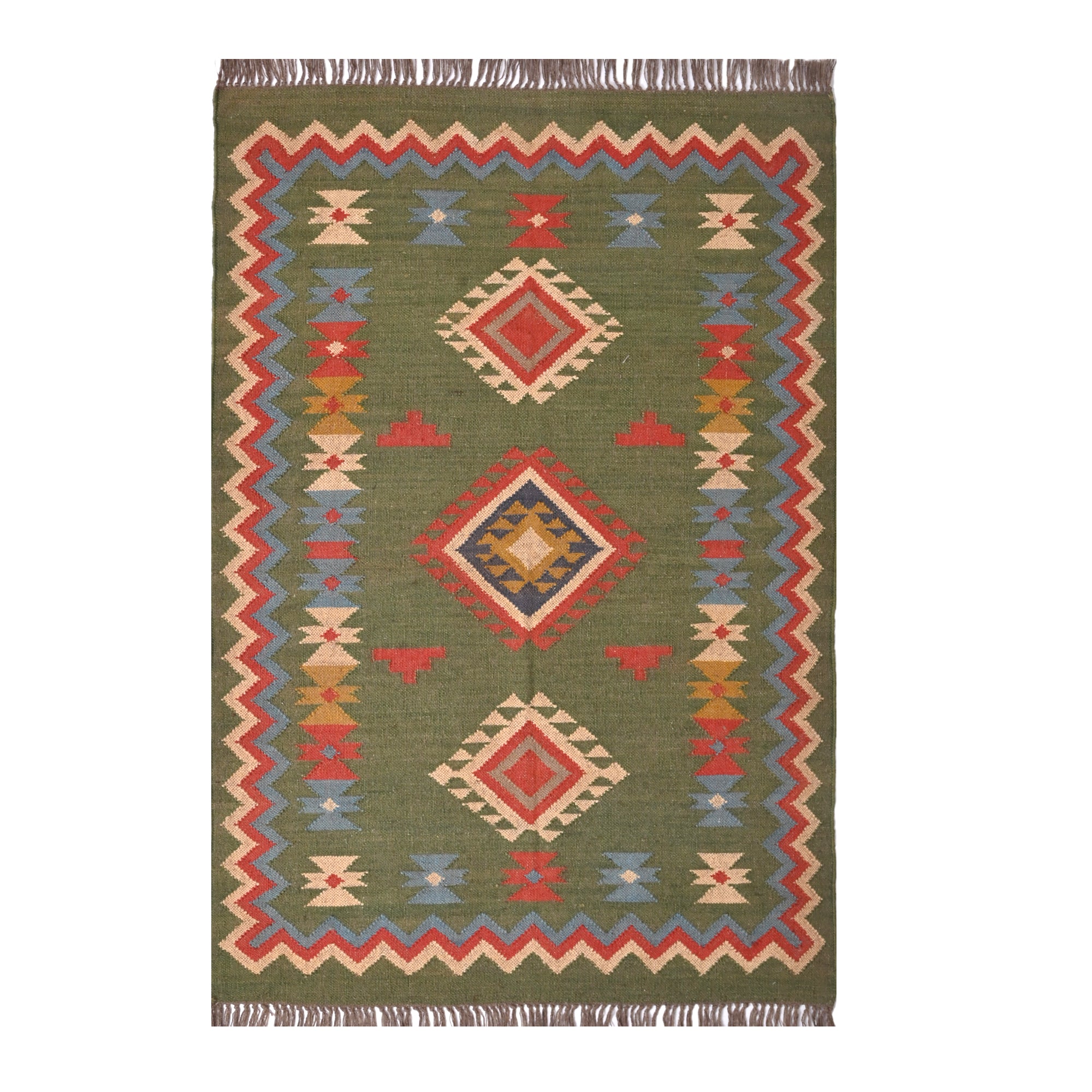 Handwoven Green Kilim Area Rug with colorful tribal geometric pattern made from wool and cotton, styled in a modern living room with wooden chair and side table.