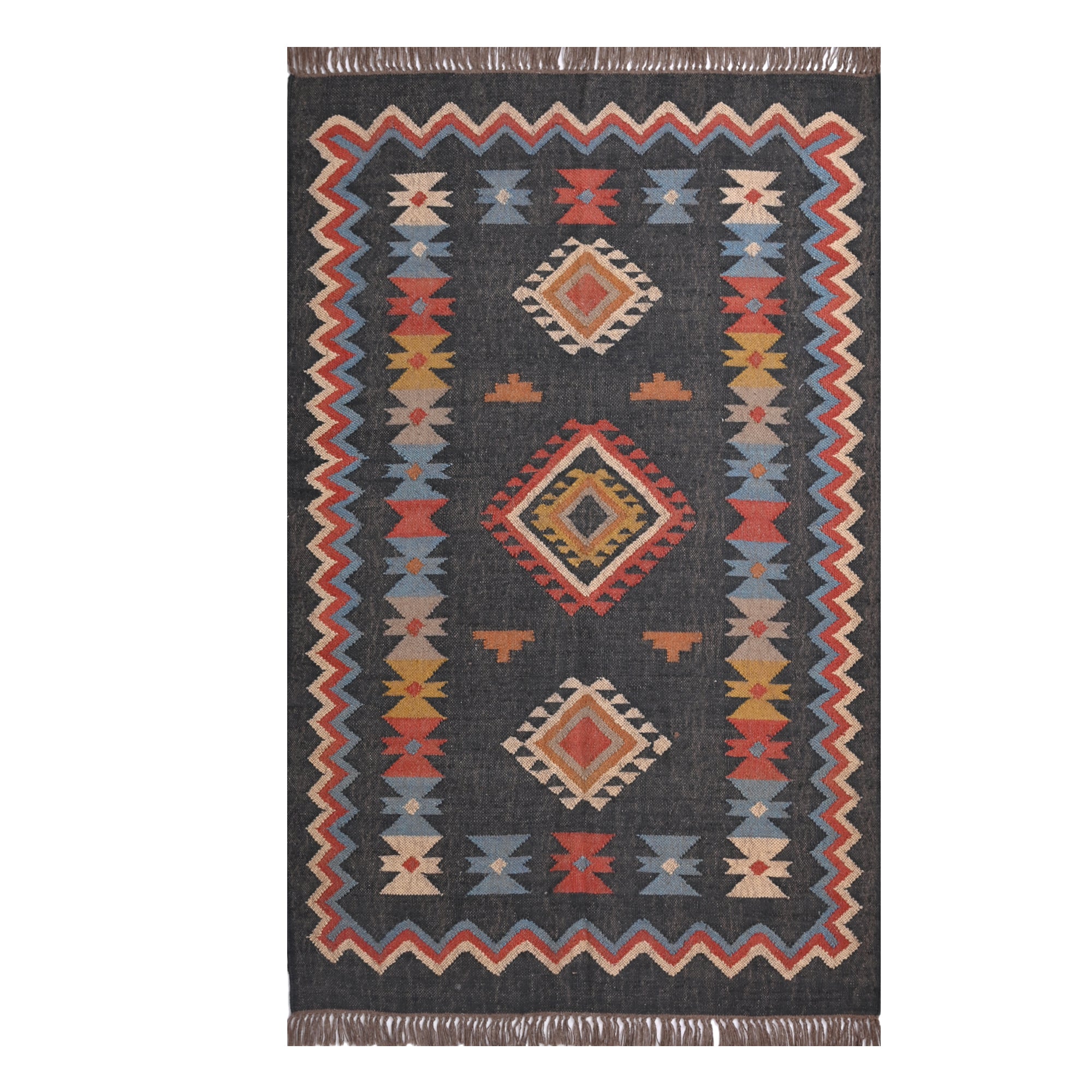 Handwoven charcoal grey wool and jute Southwestern tribal flatweave area rug with colorful geometric pattern.