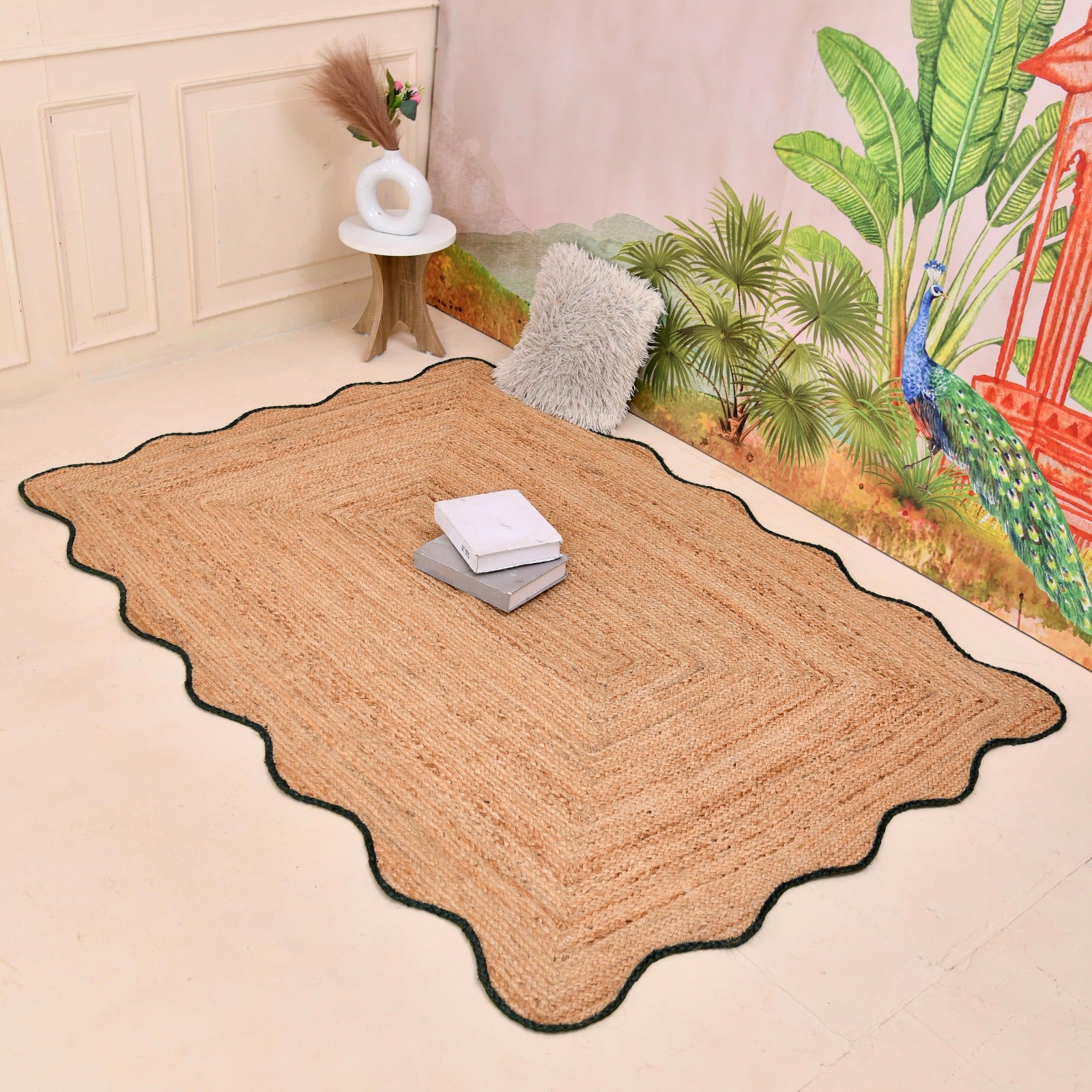 Natural Scalloped Jute Area Rug Handmade Braided Jute Rug