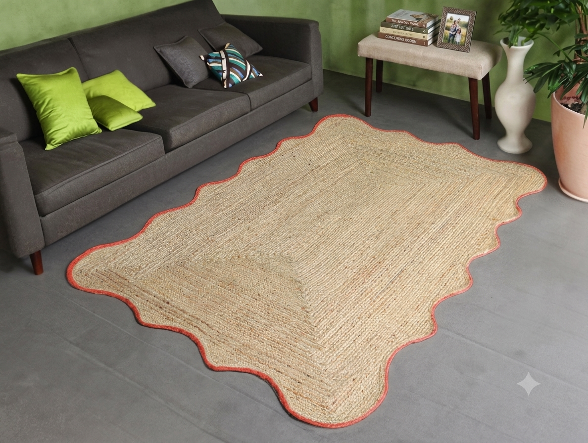Handwoven Natural Jute Rug With Terracotta Scalloped Border Handmade Boho Area Rug