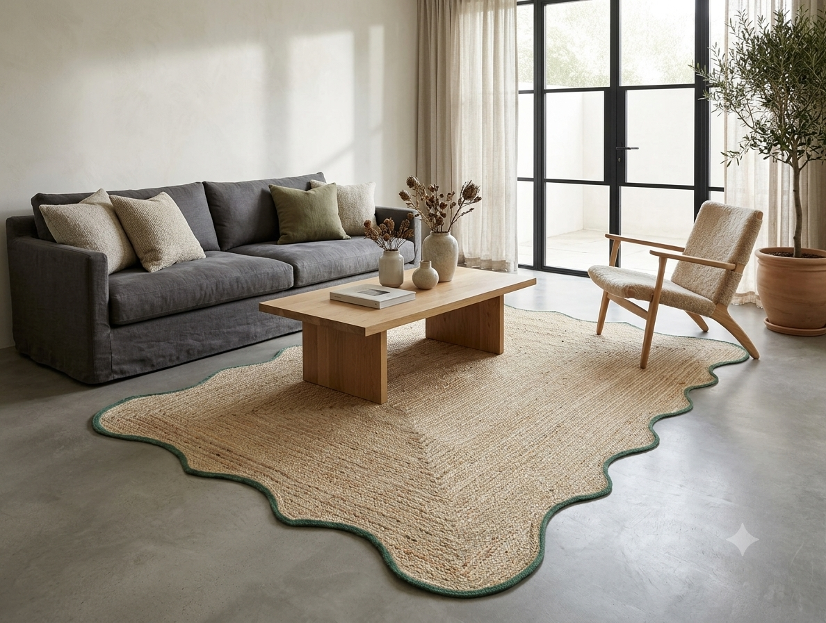 Handwoven Natural Jute Scalloped Rug with Green Braided Handmade Area Rug
