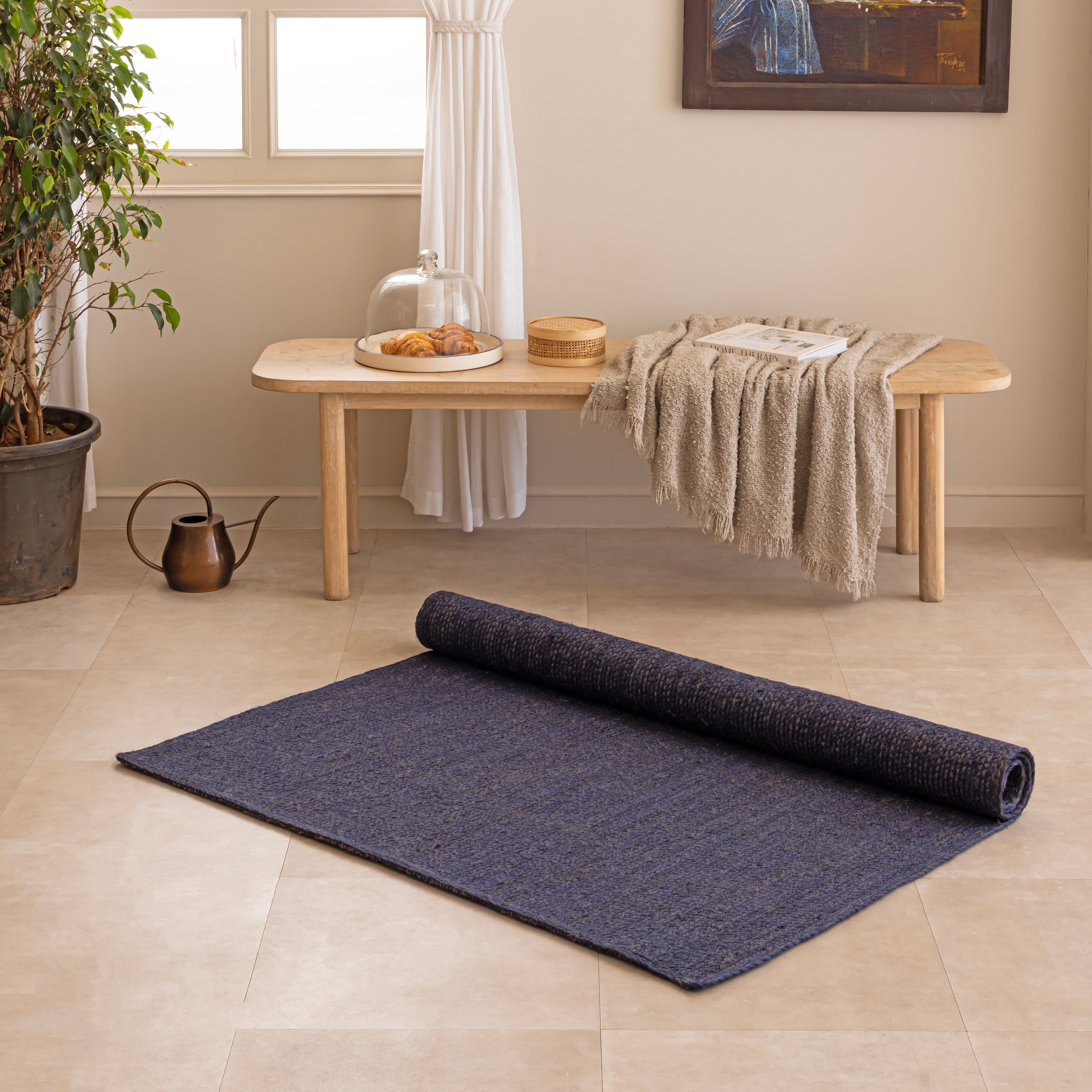 Deep Blue Braided Jute Rug Minimalist Modern Boho Decor Accent