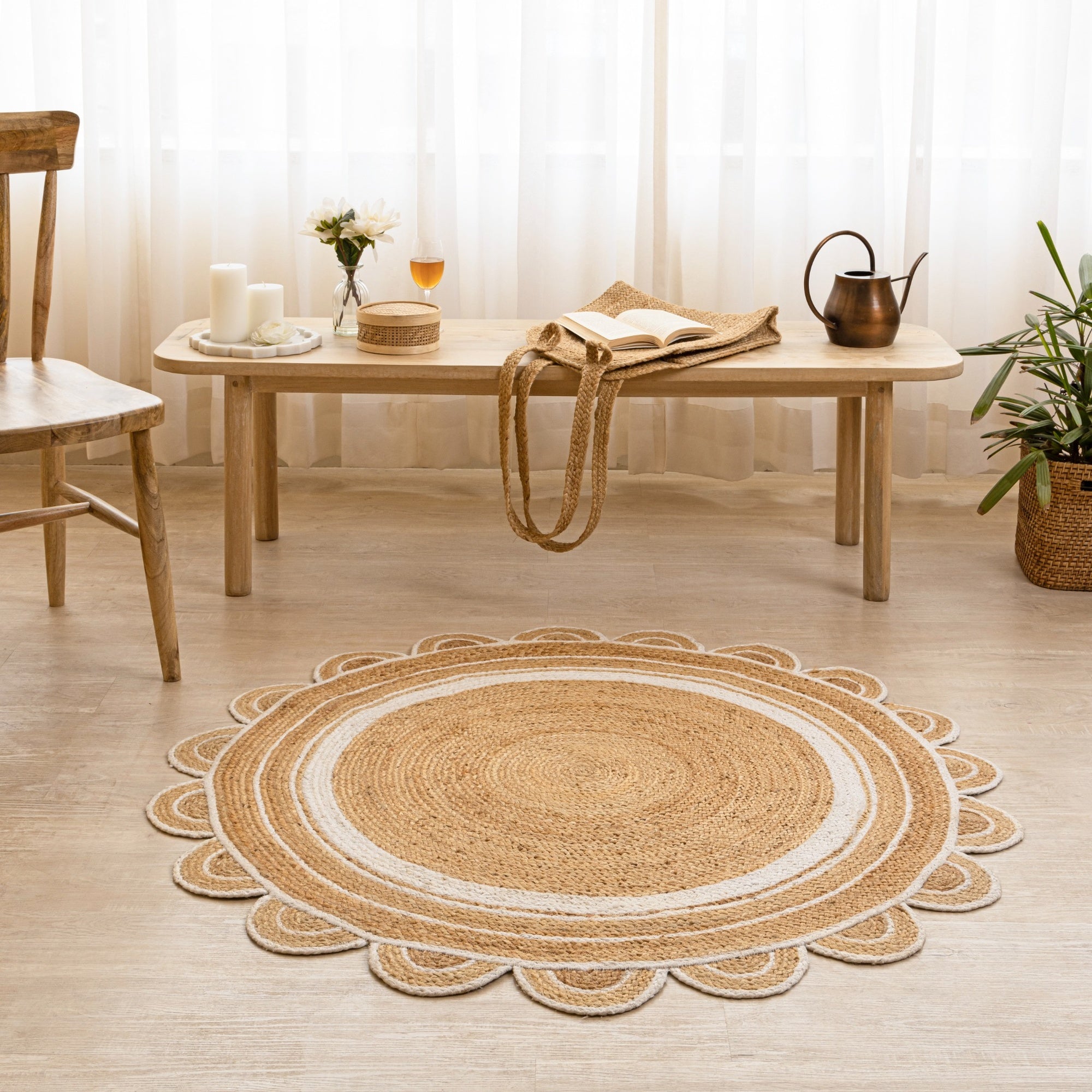 Handwoven Scalloped Jute Round Rug Natural Fiber Boho Accent Area Rug