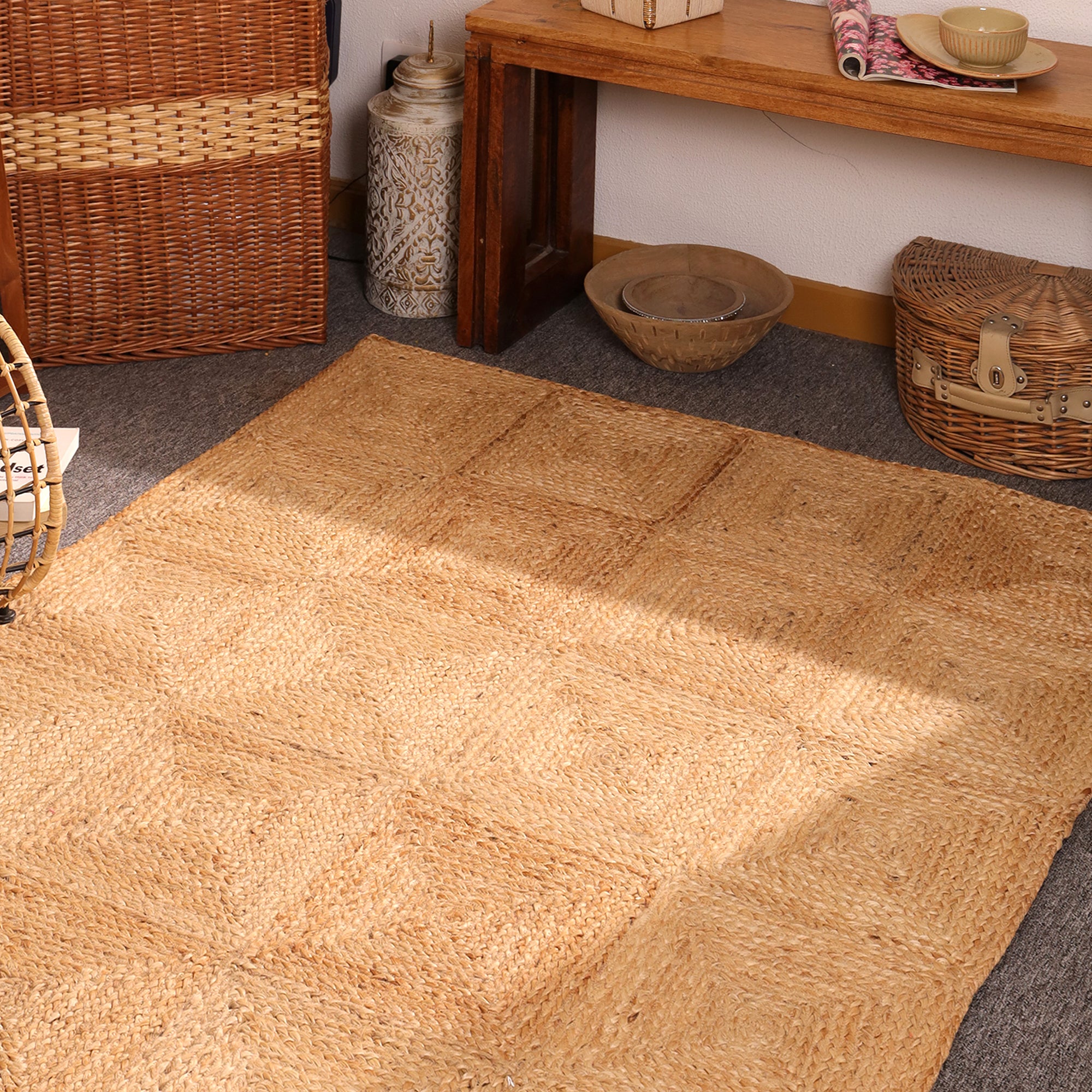Handwoven Natural Jute Patchwork Area Rug Eco-Friendly Braided Farmhouse