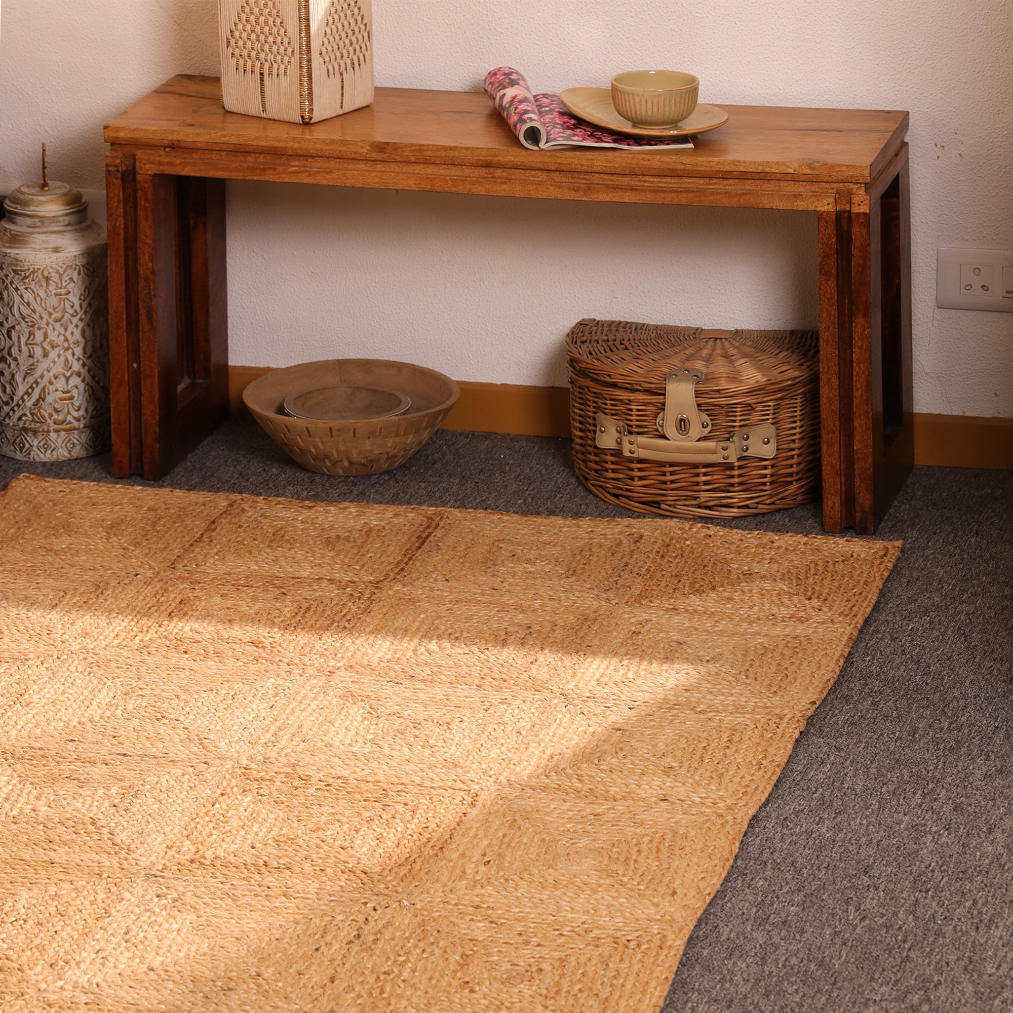 Handwoven Natural Jute Patchwork Area Rug Eco-Friendly Braided Farmhouse