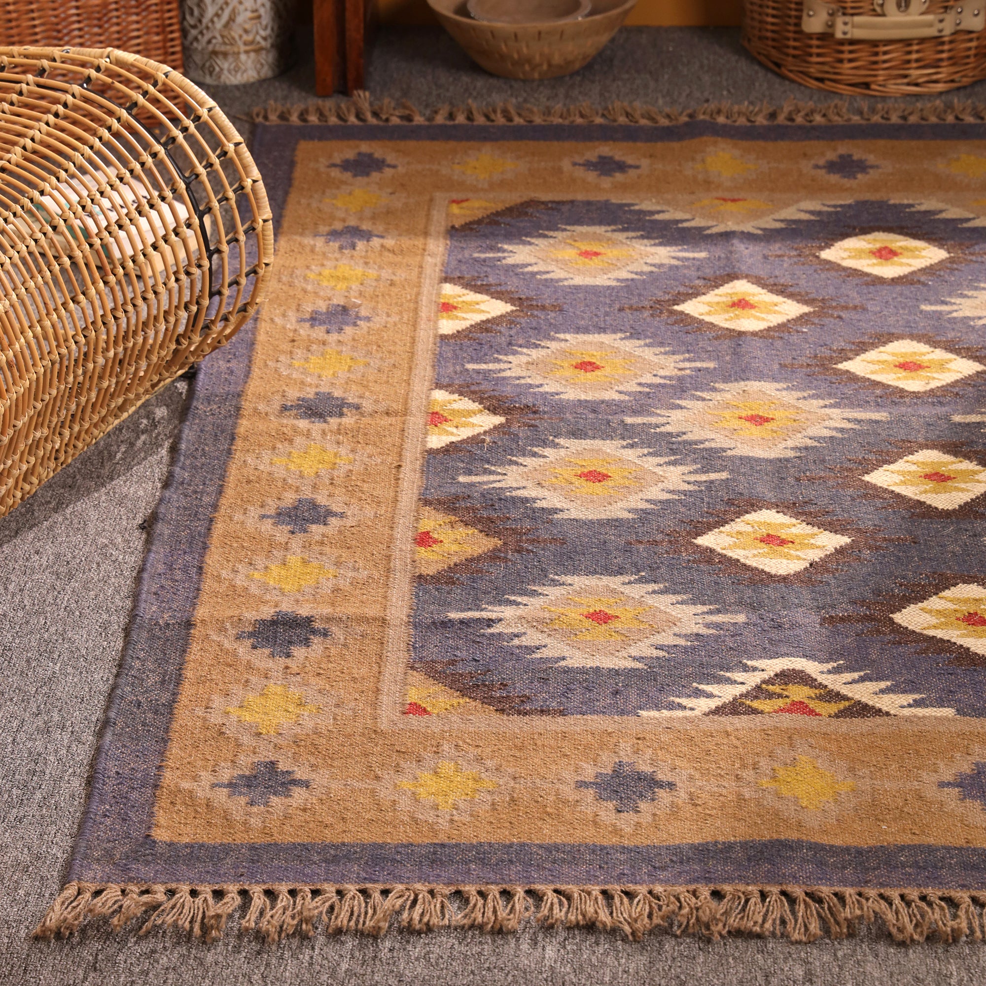 Handwoven Blue & Beige Kilim Area Rug – Geometric Tribal Wool Flatweave Rug with Fringe | Living Room & Bedroom Decor