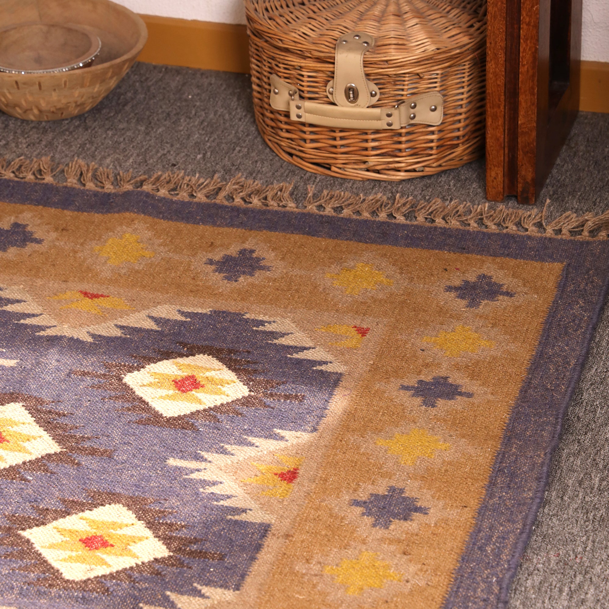 Handwoven Blue & Beige Kilim Area Rug – Geometric Tribal Wool Flatweave Rug with Fringe | Living Room & Bedroom Decor