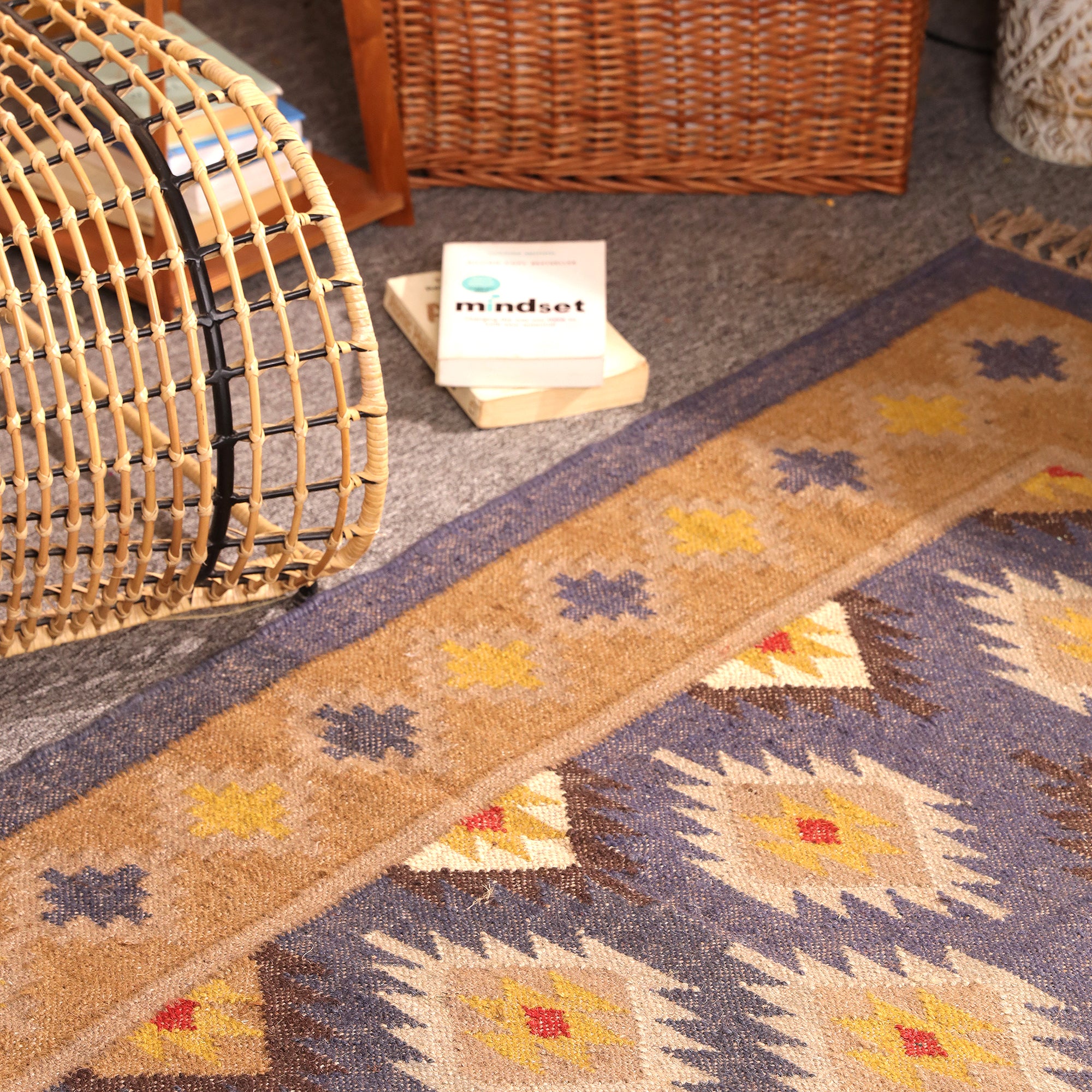 Handwoven Blue & Beige Kilim Area Rug – Geometric Tribal Wool Flatweave Rug with Fringe | Living Room & Bedroom Decor