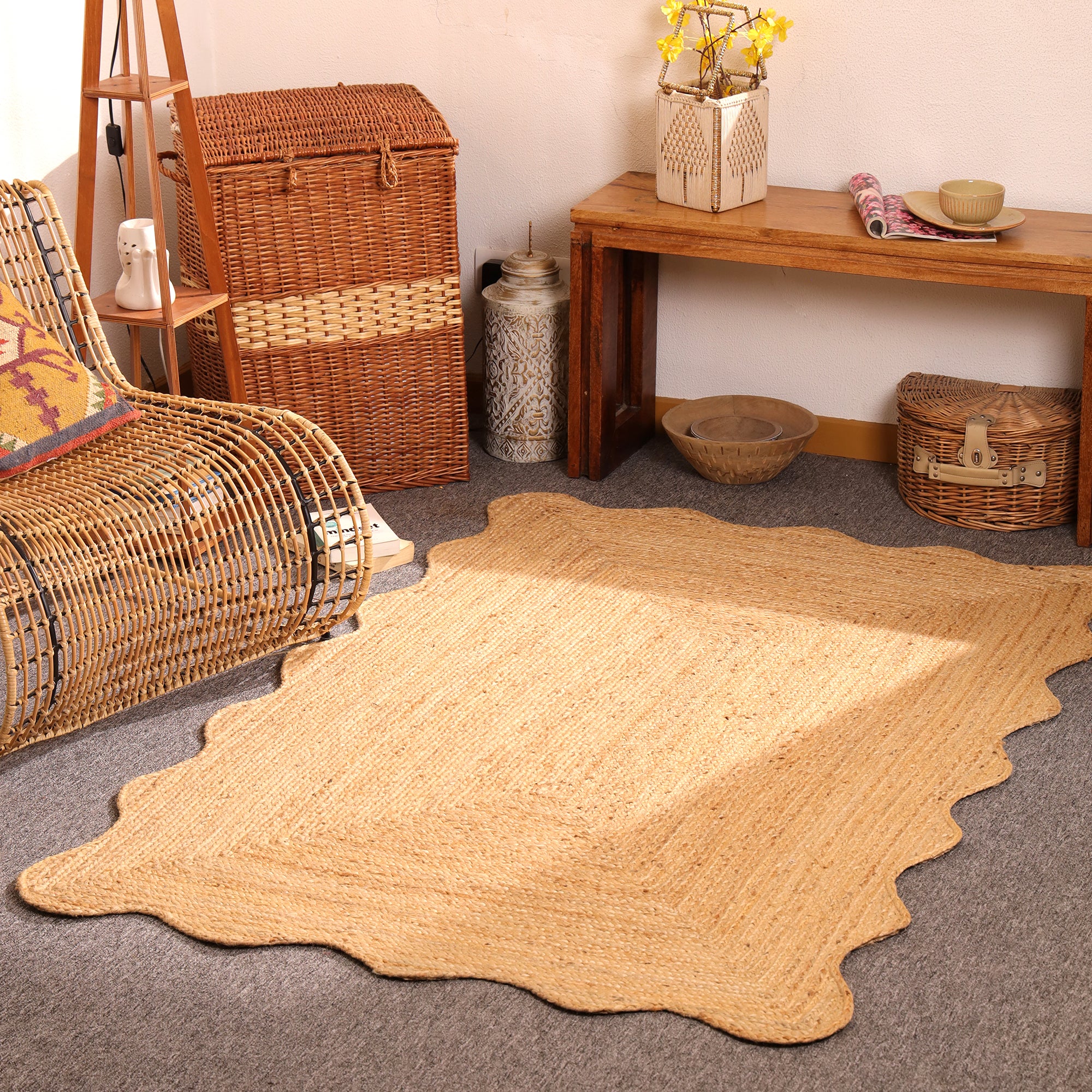 Handmade Natural Jute Scalloped Area Rug Braided Eco-Friendly Boho Farmhouse