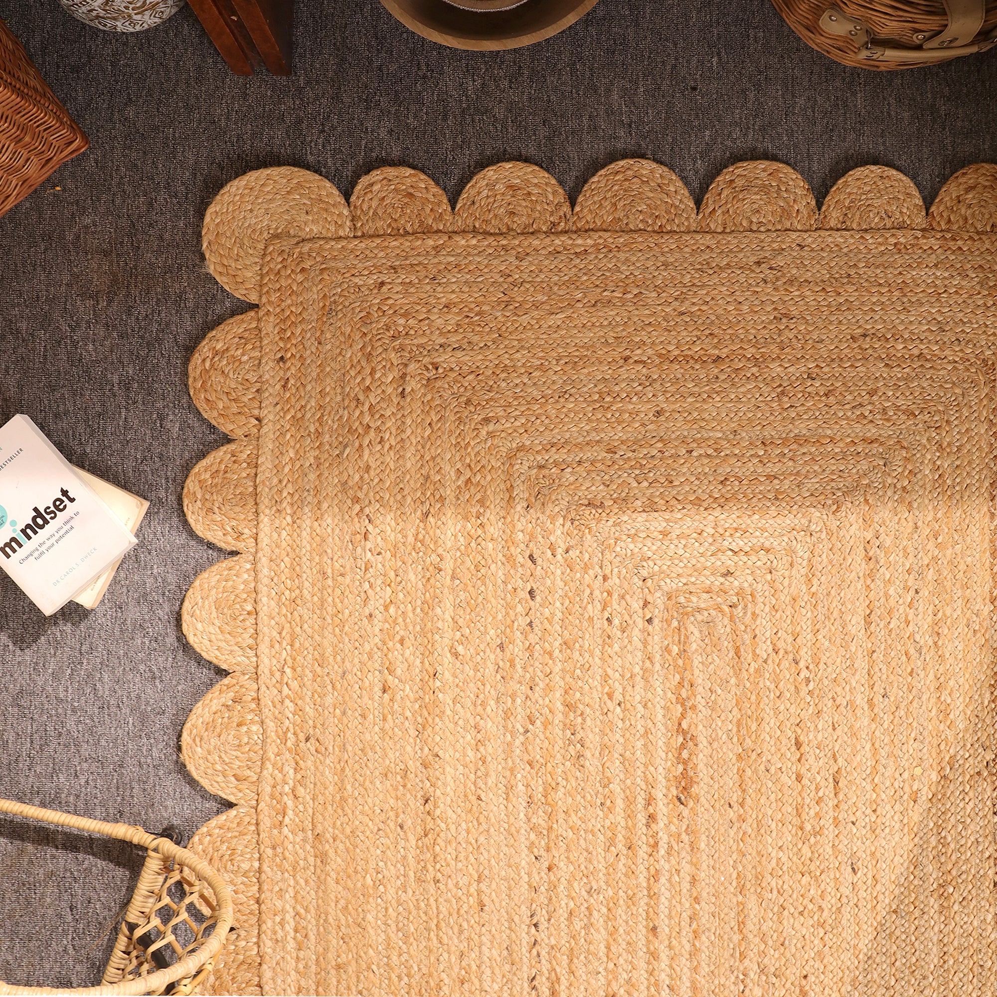 Handwoven Natural Braided Jute Scalloped Rug | Handmade Boho Area Rug | Eco-Friendly Farmhouse Living Room Carpet | Natural Fiber Floor Rug