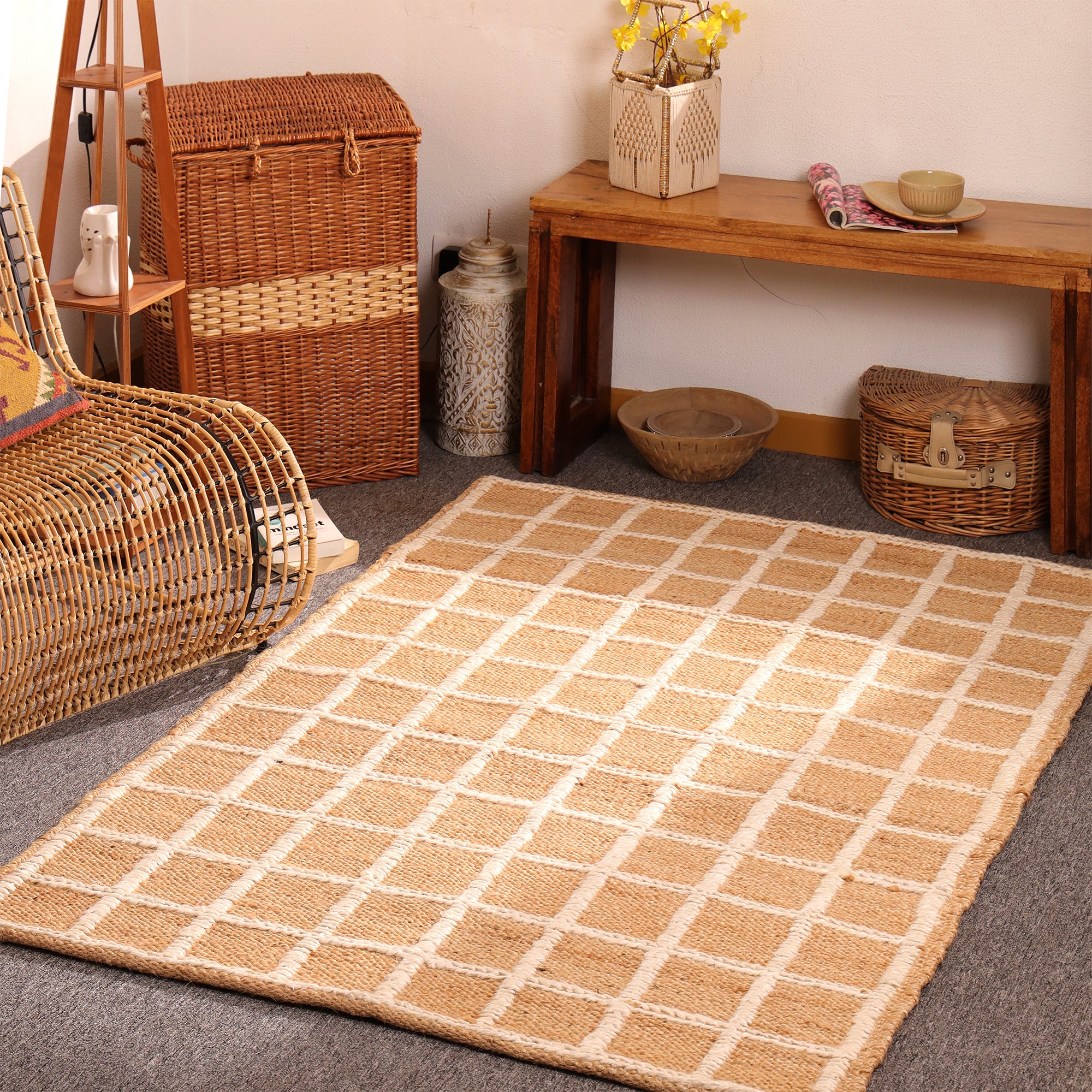 Handwoven Natural Jute Checkered Area Rug Beige Grid pattern Rug