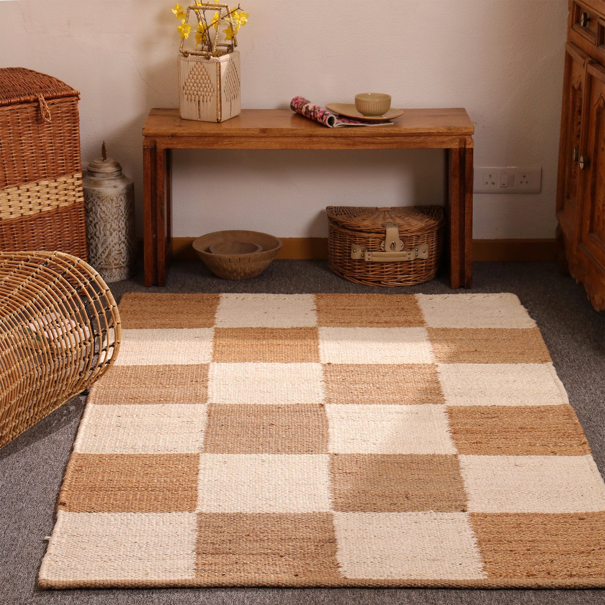 Handwoven Checkered Jute & Cotton Area - Natural Beige & Ivory