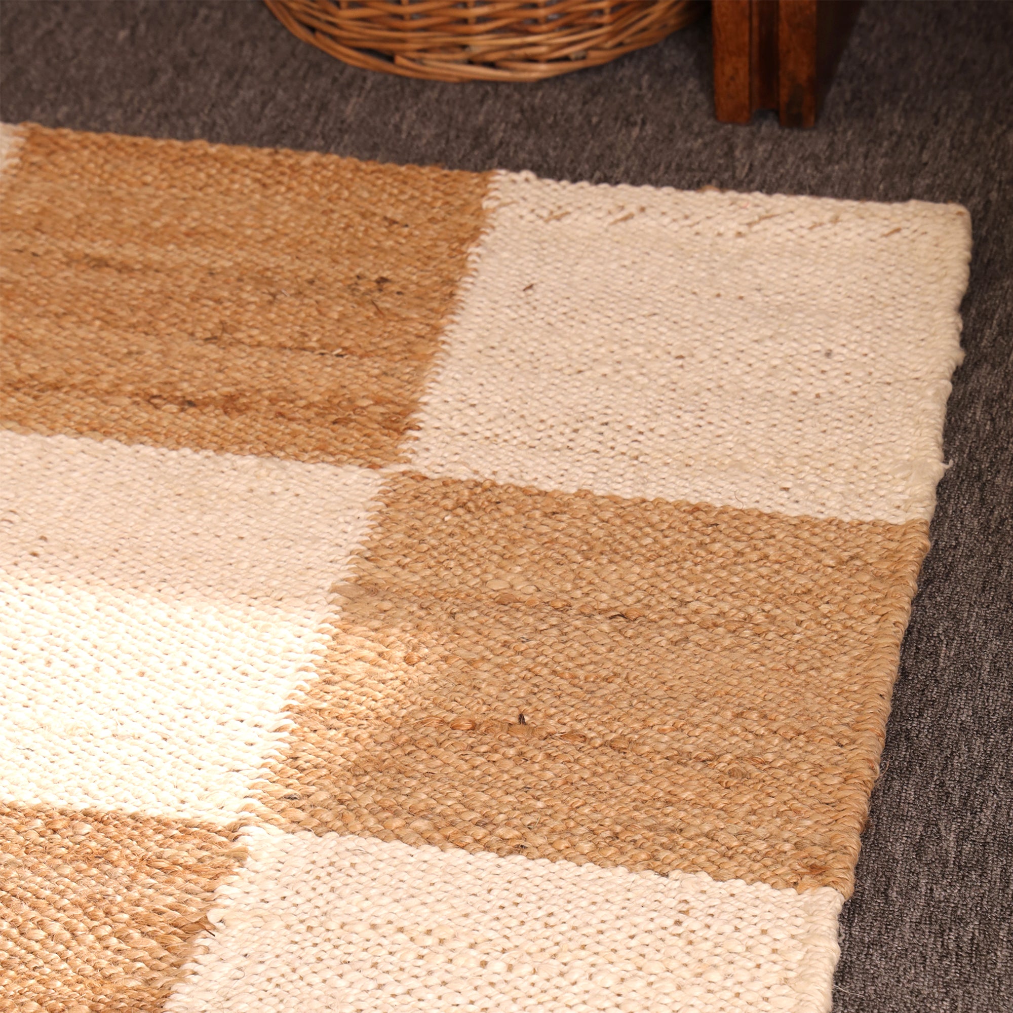 Handwoven Checkered Jute & Cotton Area - Natural Beige & Ivory