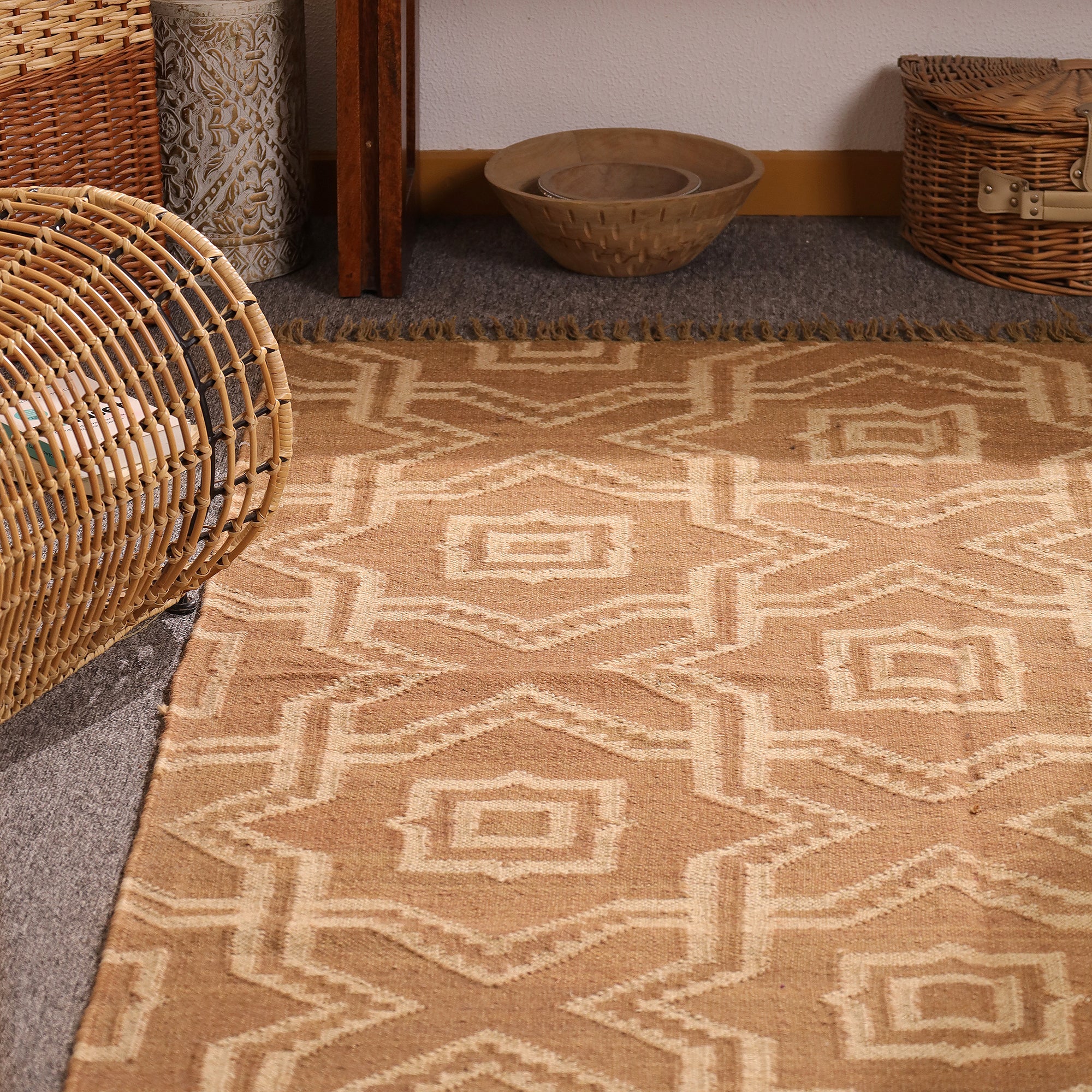 Handwoven Geometric Jute Area Rug - Natural Beige Tribal Rug with Fringe Boho Farmhouse