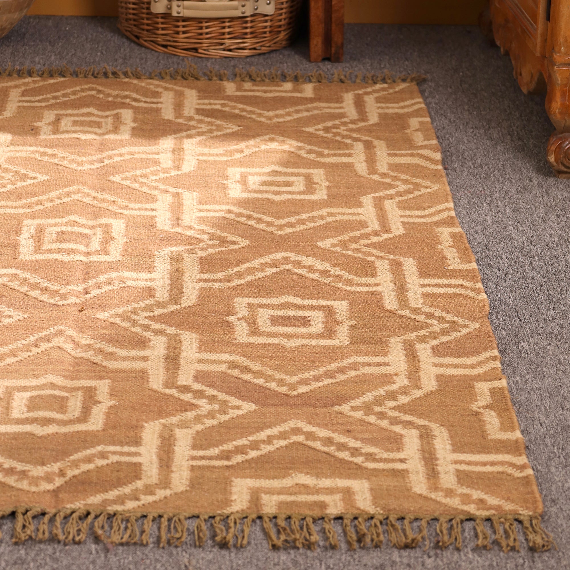 Handwoven Geometric Jute Area Rug - Natural Beige Tribal Rug with Fringe Boho Farmhouse