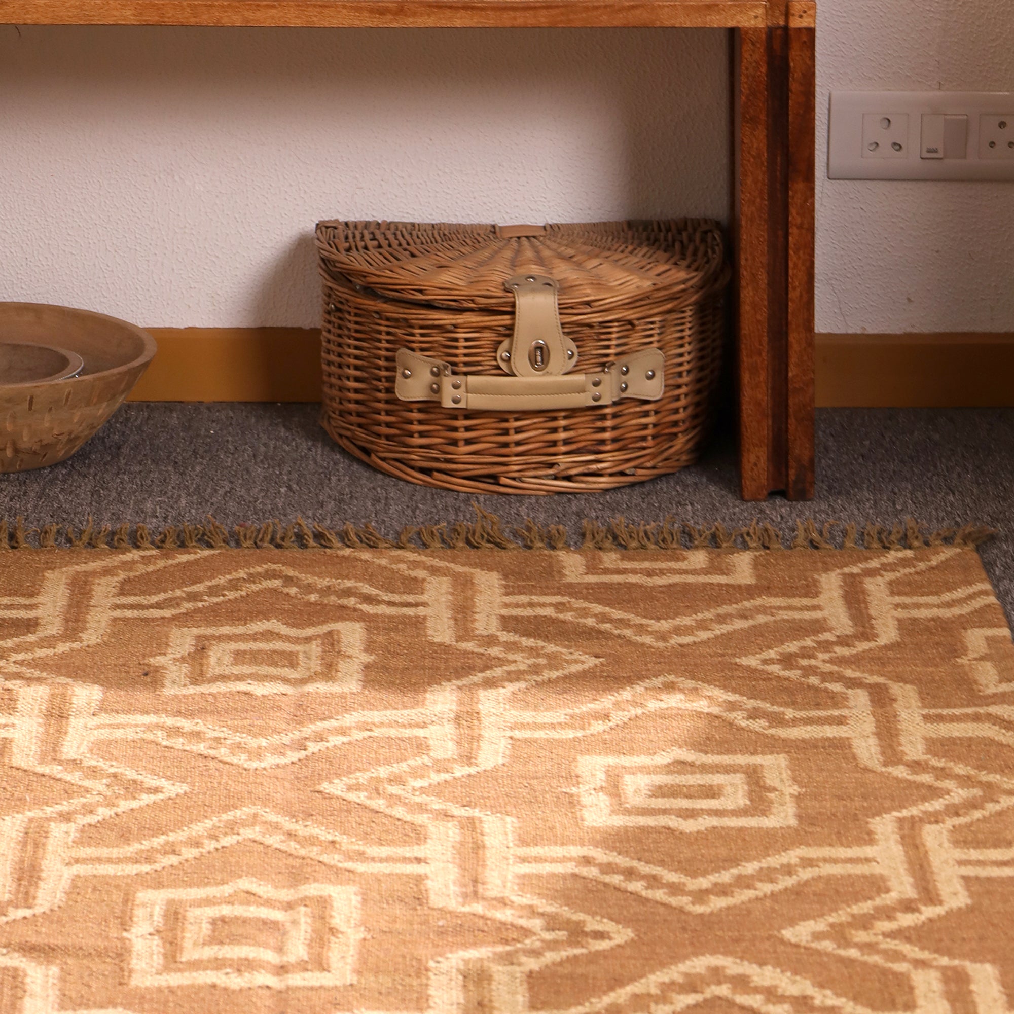 Handwoven Geometric Jute Area Rug - Natural Beige Tribal Rug with Fringe Boho Farmhouse