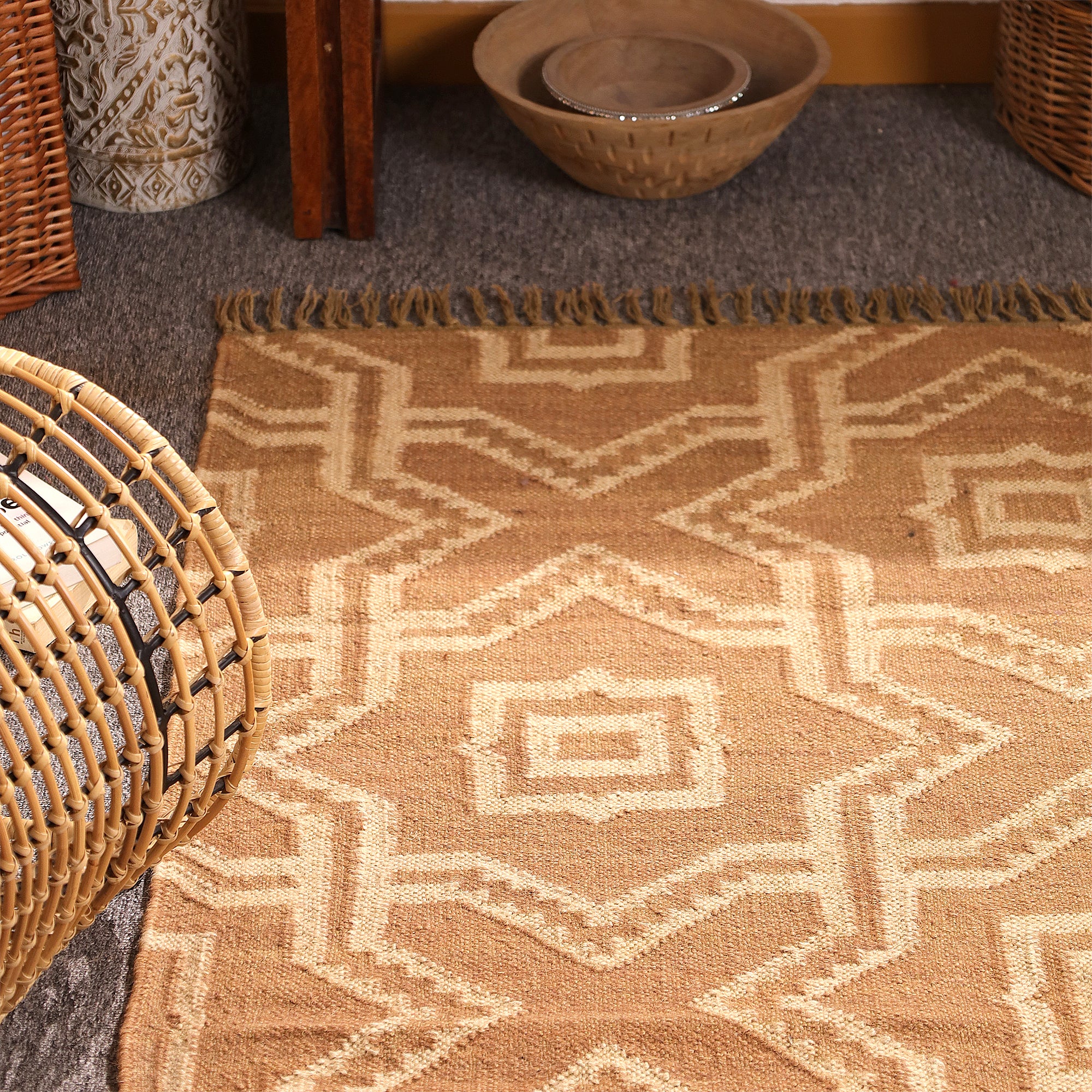 Handwoven Geometric Jute Area Rug - Natural Beige Tribal Rug with Fringe Boho Farmhouse