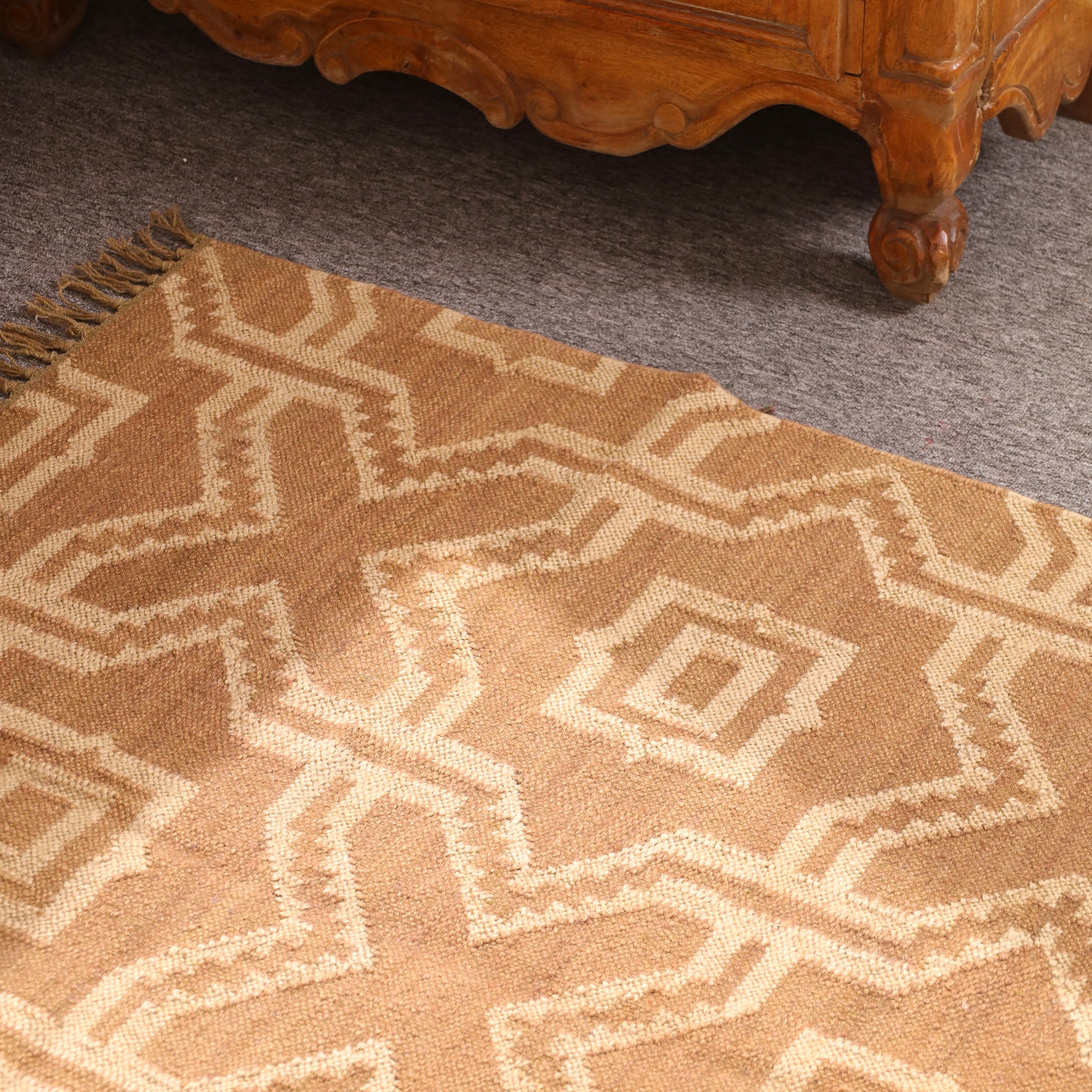 Handwoven Geometric Jute Area Rug - Natural Beige Tribal Rug with Fringe Boho Farmhouse