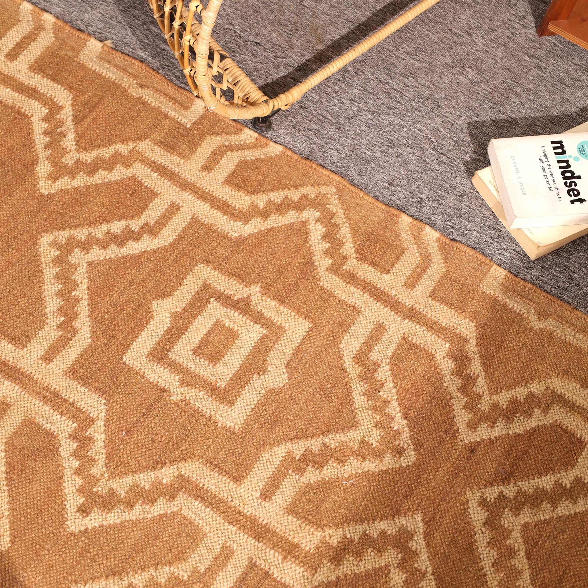 Handwoven Geometric Jute Area Rug - Natural Beige Tribal Rug with Fringe Boho Farmhouse