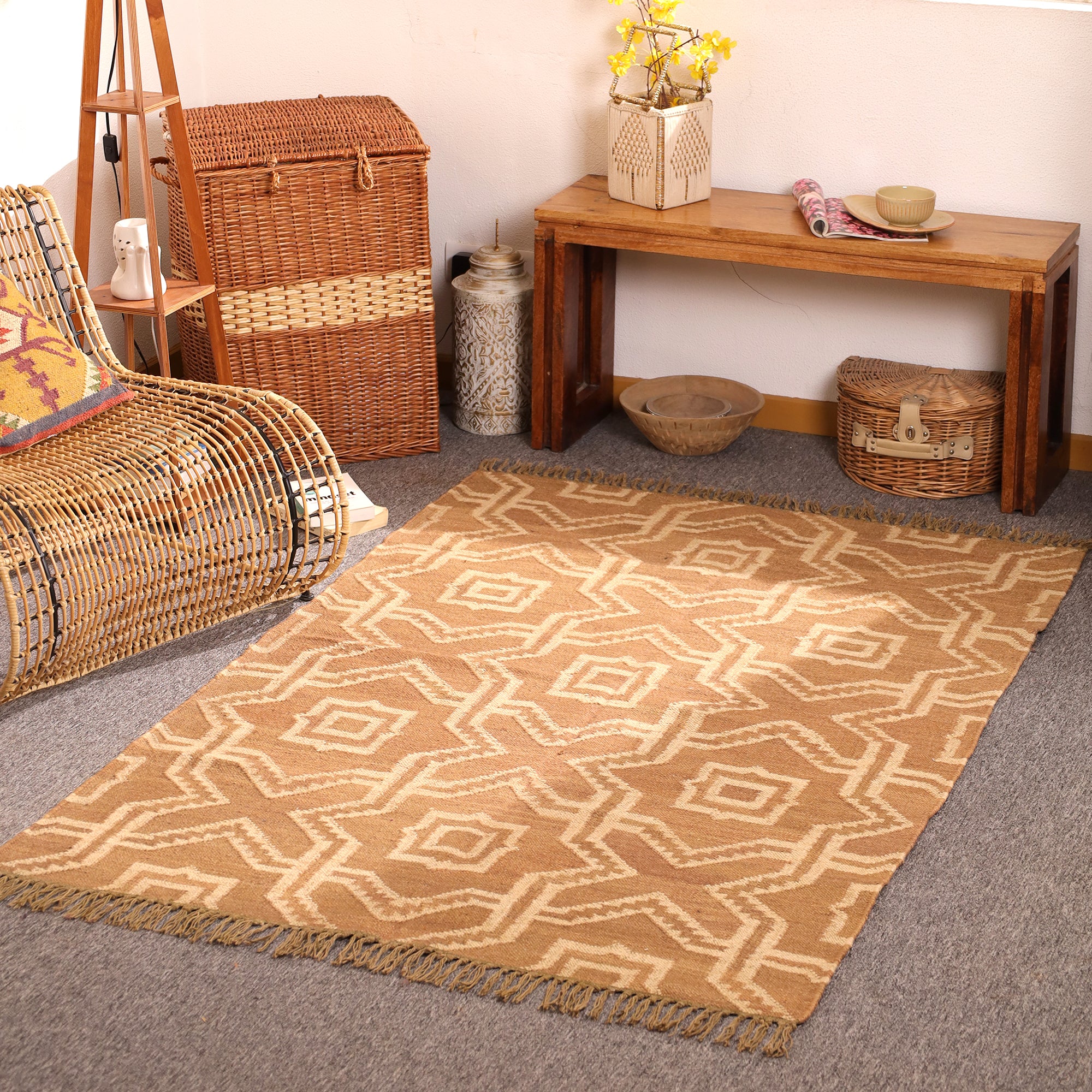 Handwoven Geometric Jute Area Rug - Natural Beige Tribal Rug with Fringe Boho Farmhouse