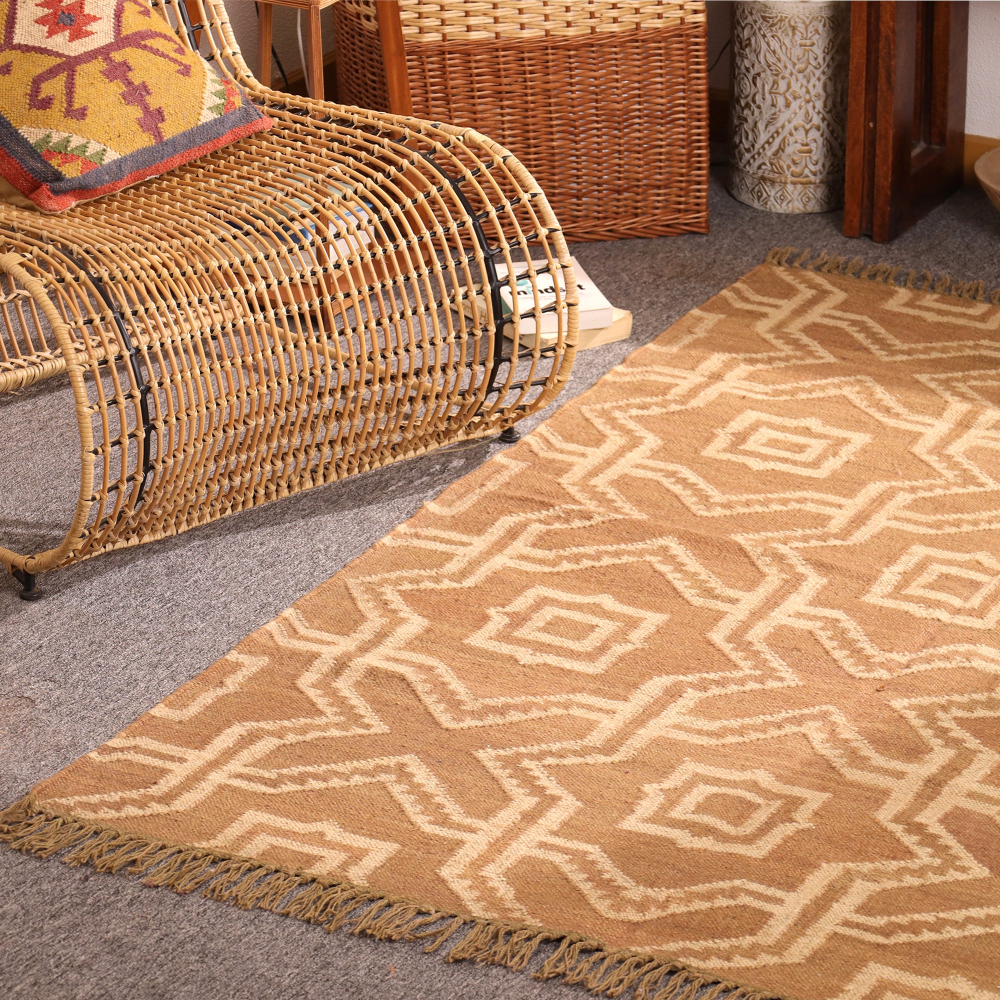 Handwoven Geometric Jute Area Rug - Natural Beige Tribal Rug with Fringe Boho Farmhouse
