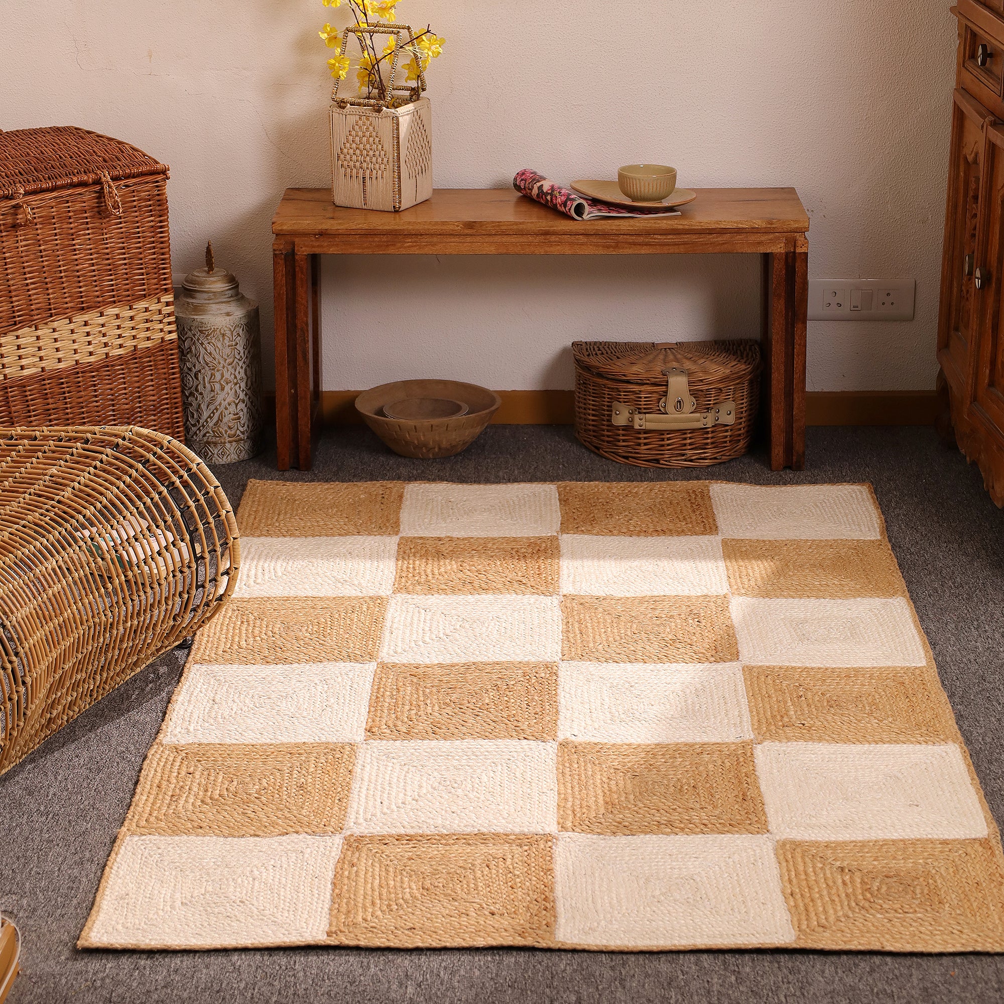 Handwoven Checkerboard Jute Area Rug – Natural & Ivory Handmade Boho Rug | Eco-Friendly Farmhouse Carpet