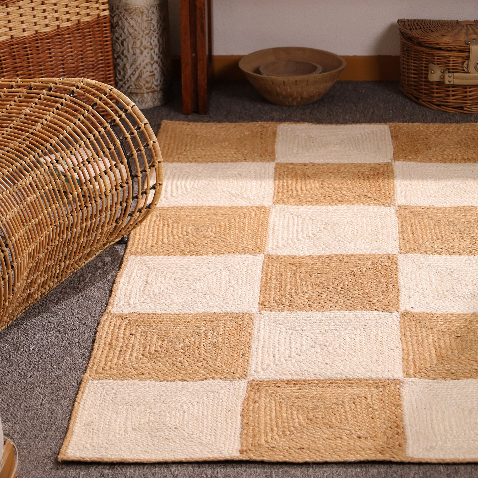 Handwoven Checkerboard Jute Area Rug – Natural & Ivory Handmade Boho Rug | Eco-Friendly Farmhouse Carpet