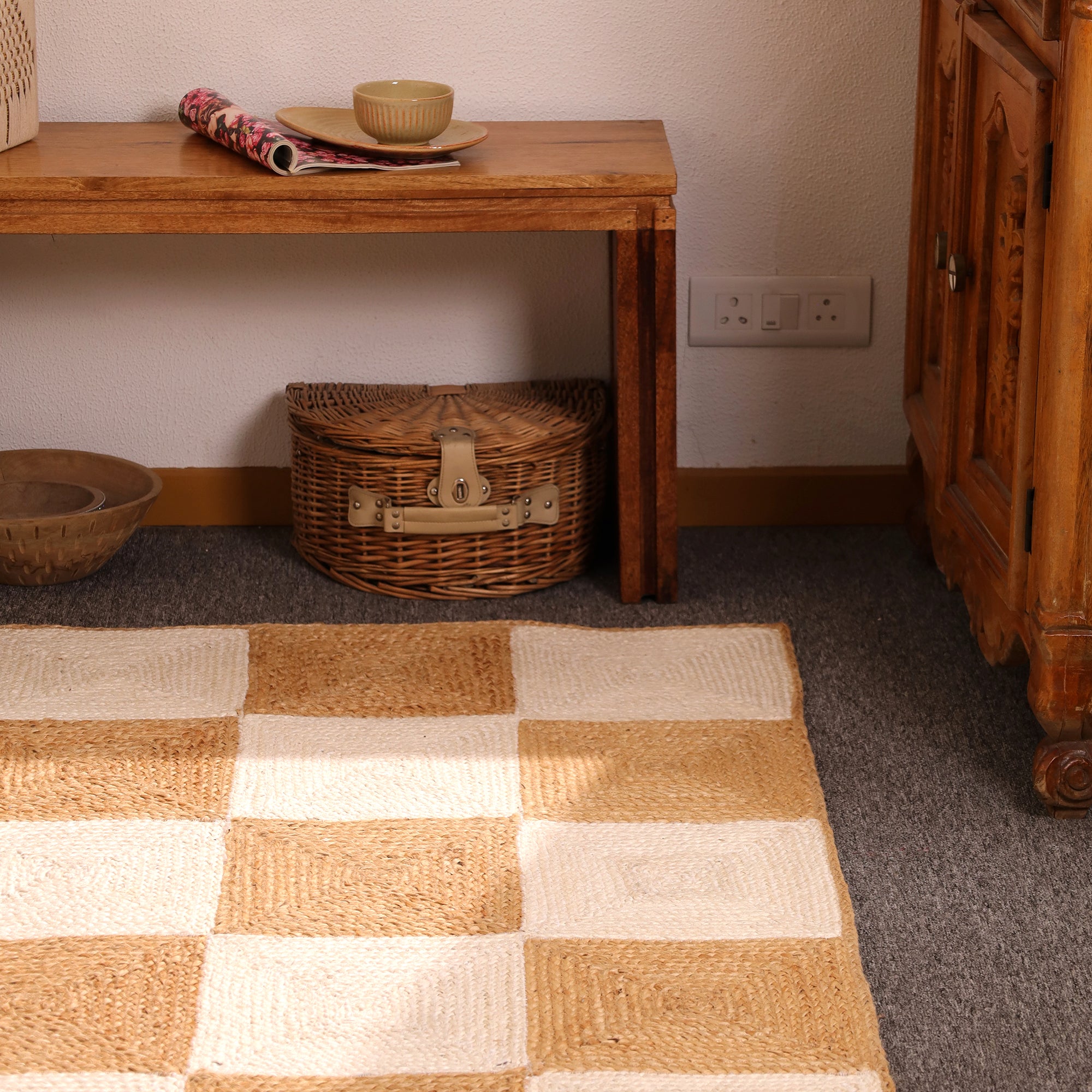 Handwoven Checkerboard Jute Area Rug – Natural & Ivory Handmade Boho Rug | Eco-Friendly Farmhouse Carpet