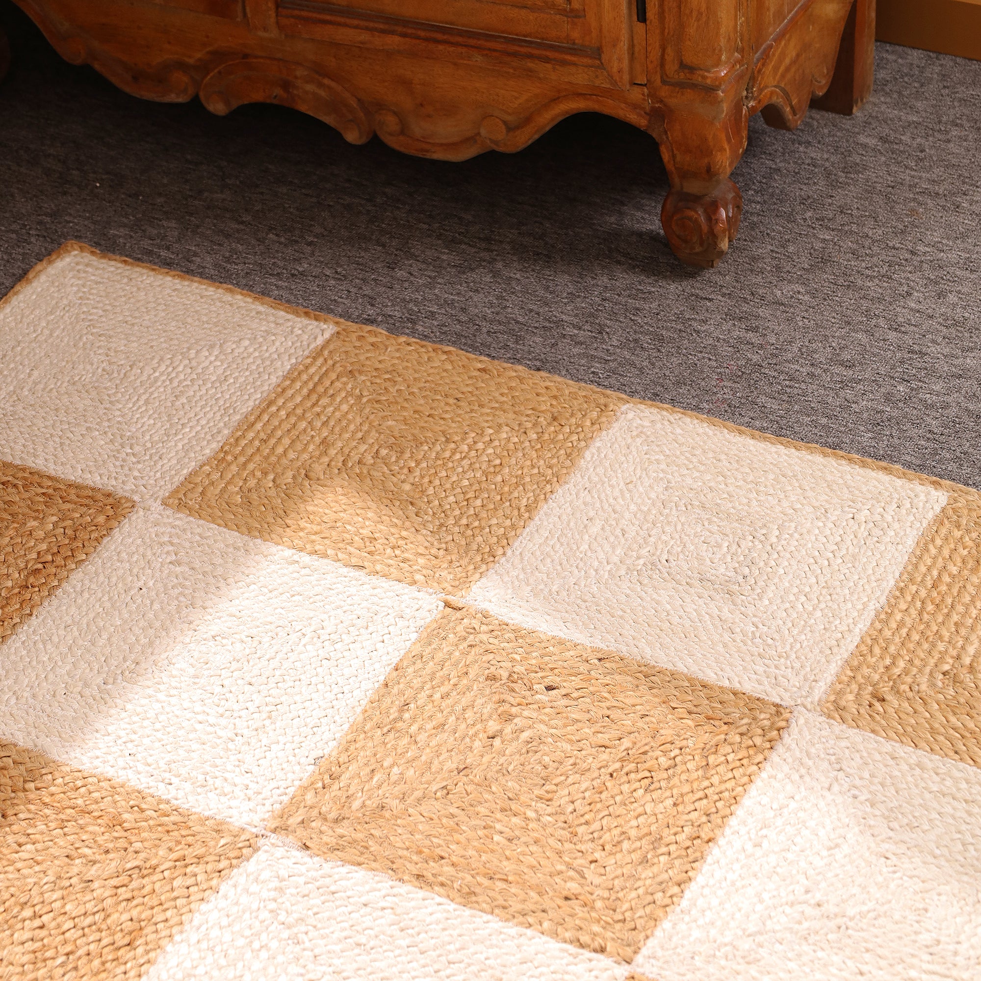 Handwoven Checkerboard Jute Area Rug – Natural & Ivory Handmade Boho Rug | Eco-Friendly Farmhouse Carpet